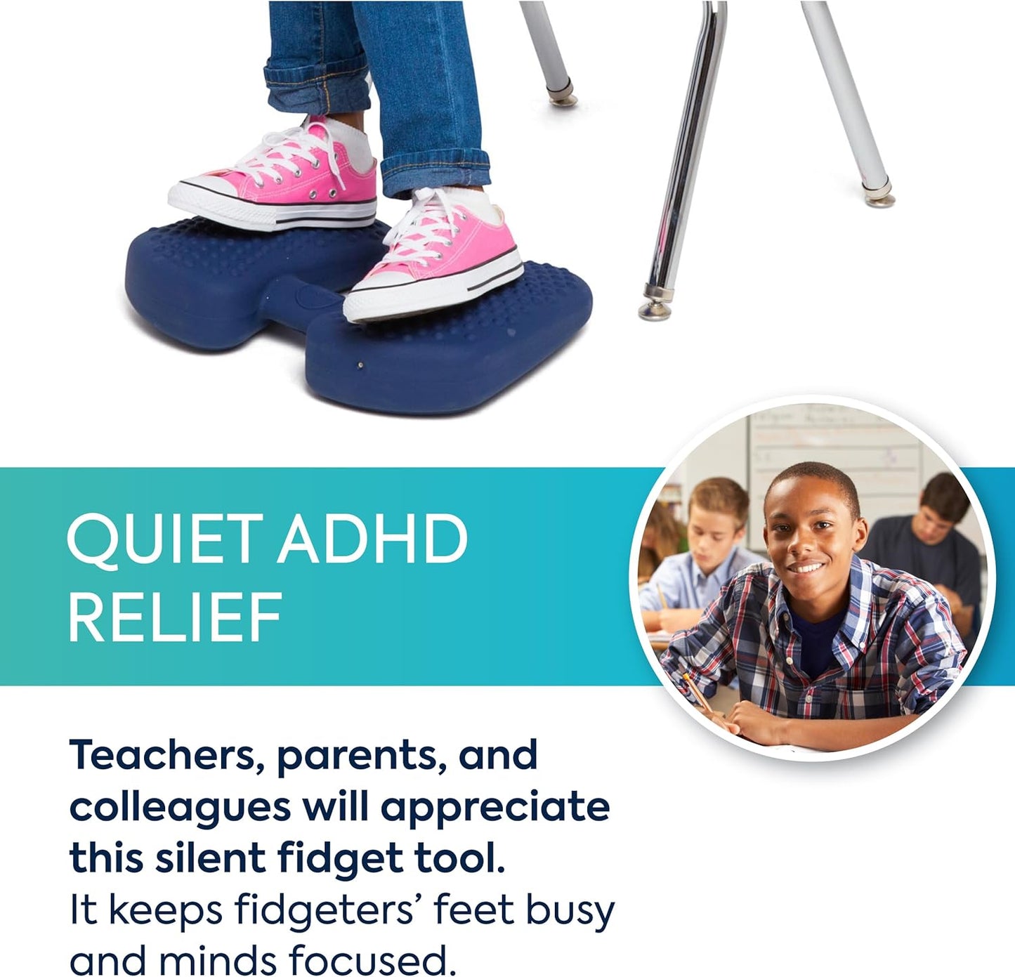 Bouncyband Wiggle Feet, Dark Blue, 1 Pack – Sensory Foot Cushion Quietly Facilitates Movement to Help Improve Concentration - 12” x 9” x 2.5” Sensory Tool, Ideal for The Classroom, Work, or at Home
