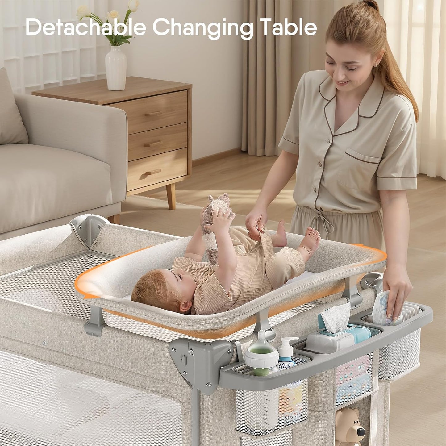 4 in 1 Baby Bassinet, Pack and Play, Bedside Crib Sleeper, Diaper Changer, Quickly Assembled and Folded Portable Crib with Mattress and Mosquito Net, Easy to Carry