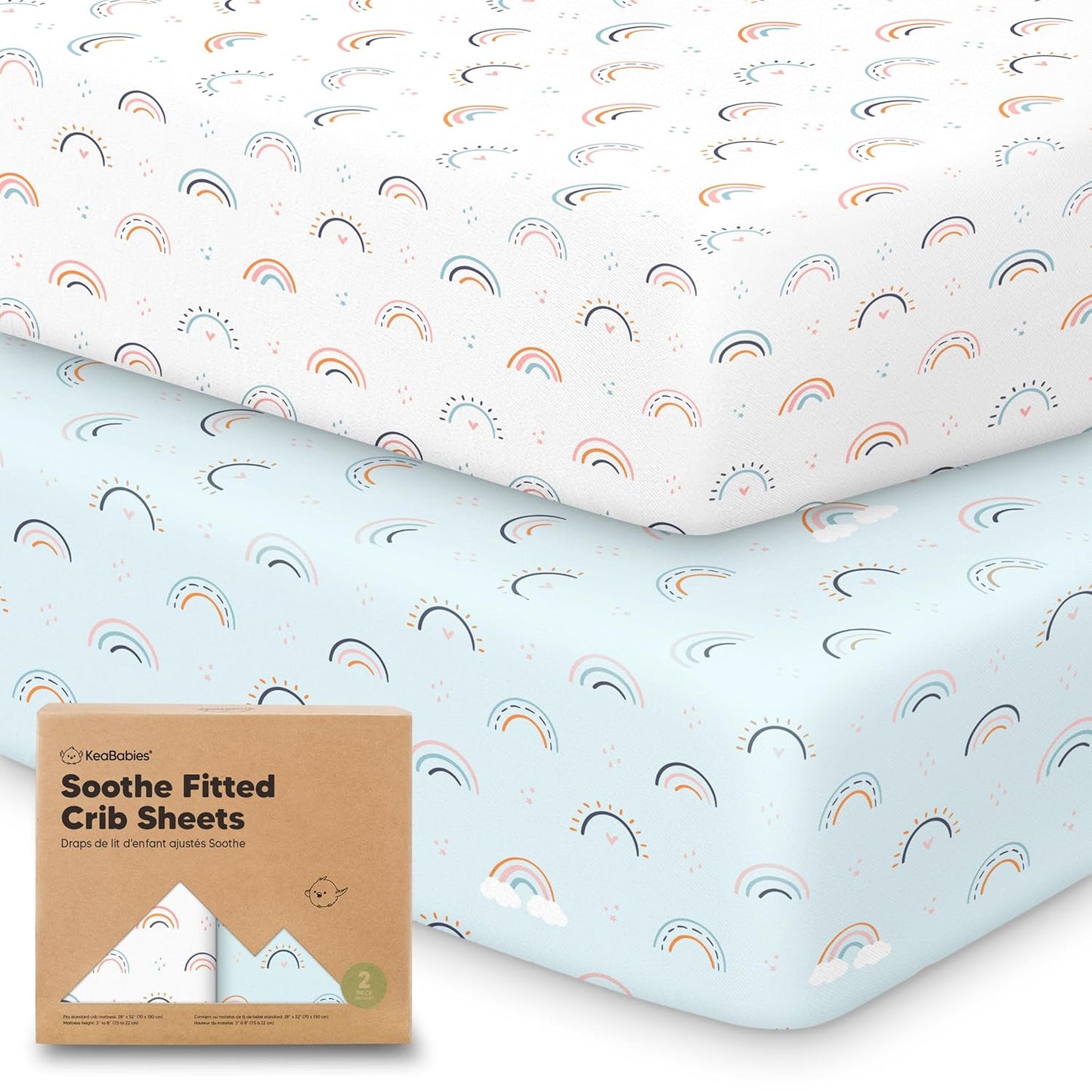KeaBabies 2-Pack Organic Crib Sheets for Boys, Girls - 52x28 Fitted Crib Mattress Sheet Neutral, Breathable Jersey Cotton Cover for Baby Bed, Toddler Mattress, Soft & Cute Prints (Jolly Rainbow)