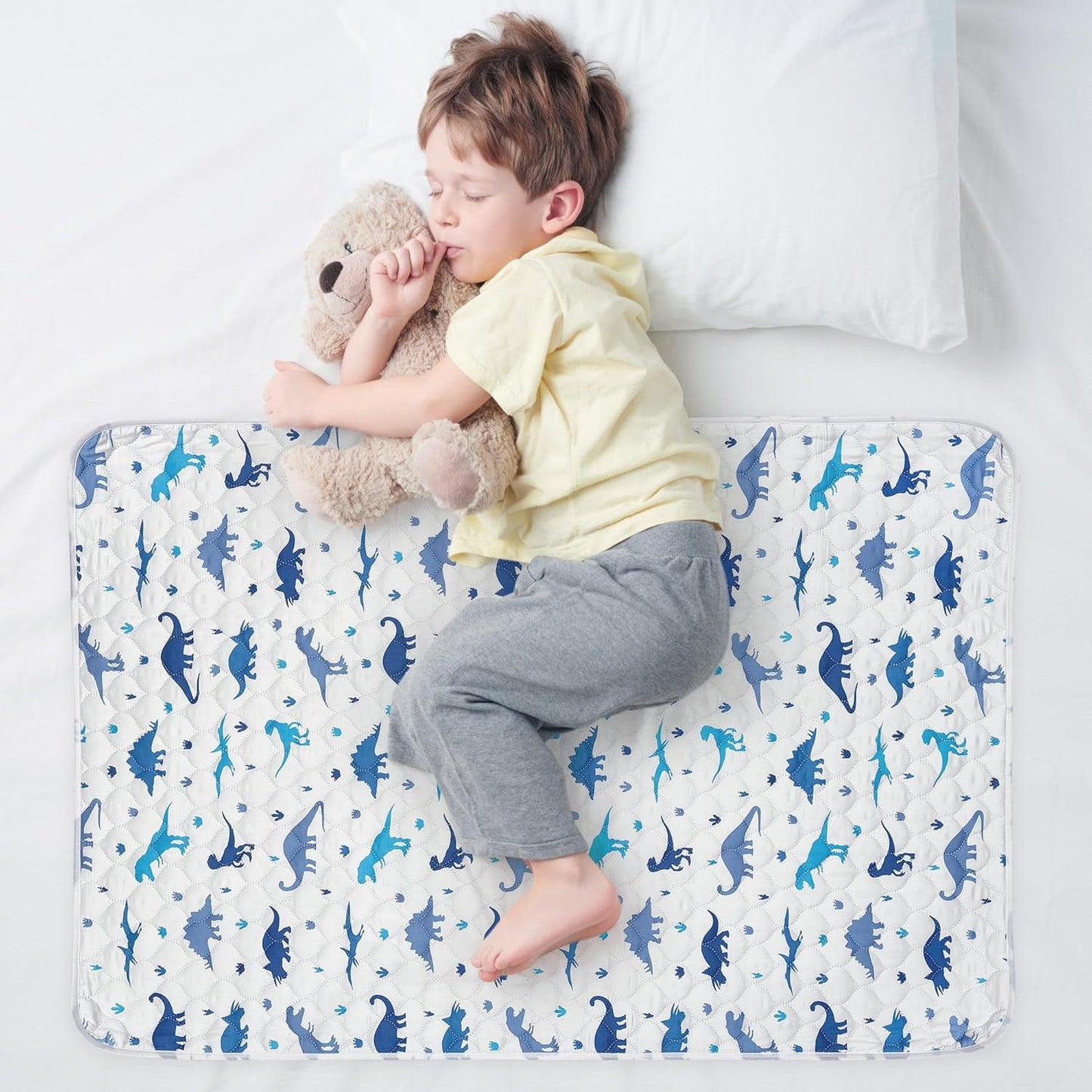 Organic Incontinence Pads for Kids & Toddlers - 5 Layer Waterproof Protectors for Overnight Bed Wetting - Reusable & Washable Pee Pads - Fits Twin to Full Size Beds - 34" x 52" Dinosaur