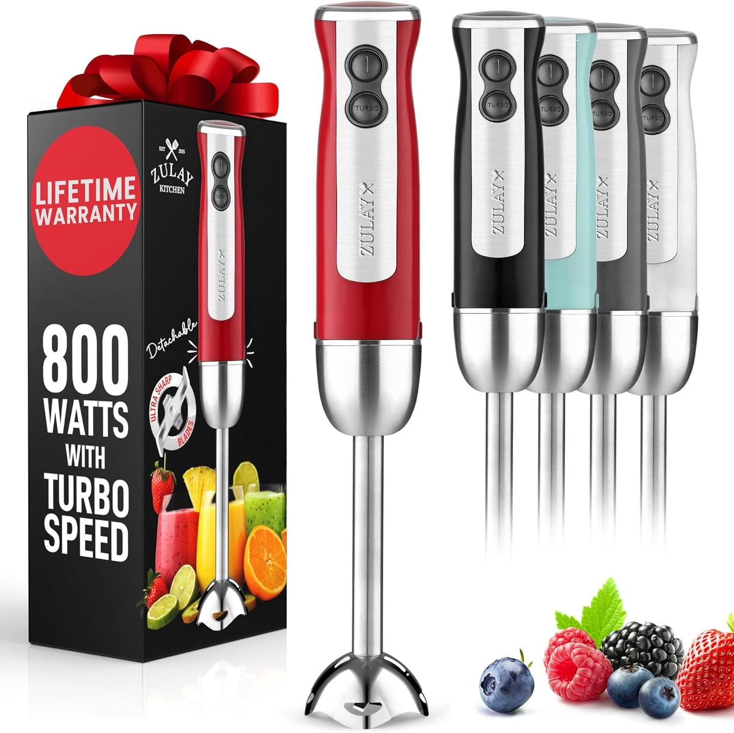 Zulay Immersion Stick Mixer Hand Blender - 800 Watts, Turbo Mode, 5-ft Power Electric Cord, Handheld Portable, Stainless Steel Blades - For Effortless Blending Smoothie, Soup, Baby Food, Puree - Red