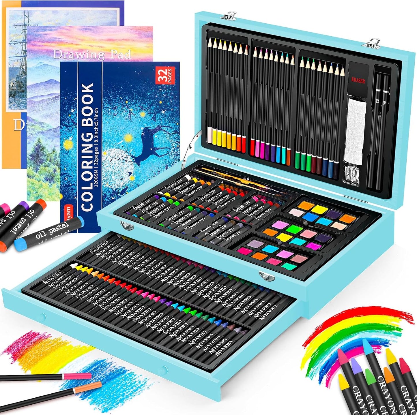 iBayam Art Supplies, 150-Pack Deluxe Wooden Art Set Crafts Drawing Painting Kit with 1 Coloring Book, 2 Sketch Pads, Creative Gift Box for Adults Artist Beginners Kids Girls Boys