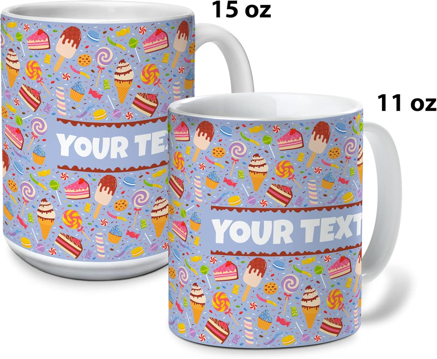Personalized Mug for Kids - Sweets - Custom Name/Text, Ceramic Hot Chocolate/Cocoa/Coffee Cup for Boys/Girls, Birthday/Christmas/Holiday Gift - 15 oz, Red Handle