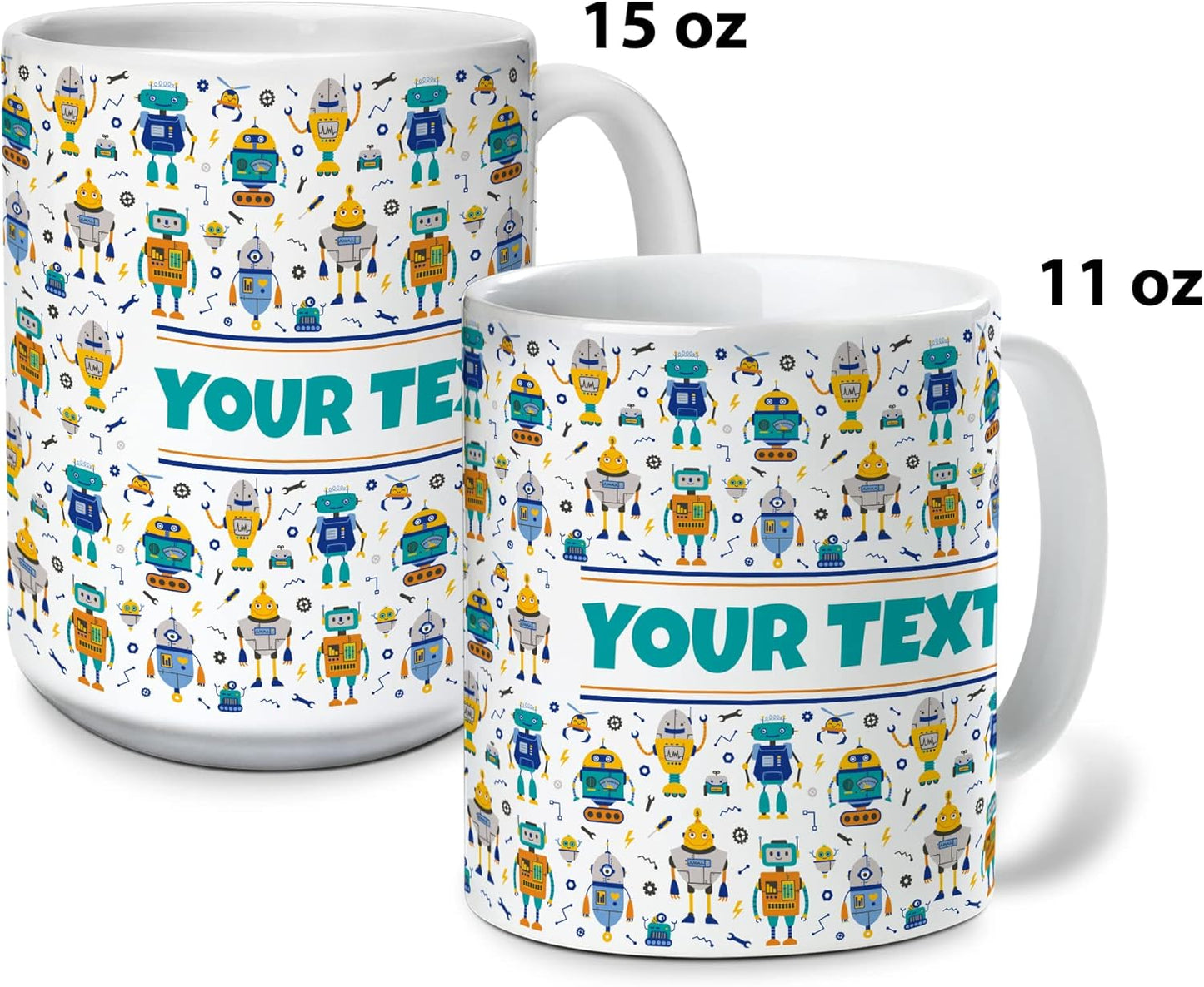 Personalized Mug for Kids - Robots - Custom Name/Text, Ceramic Hot Chocolate/Cocoa/Coffee Cup for Boys, Birthday/Christmas/Holiday Gift - 11 oz, White Handle
