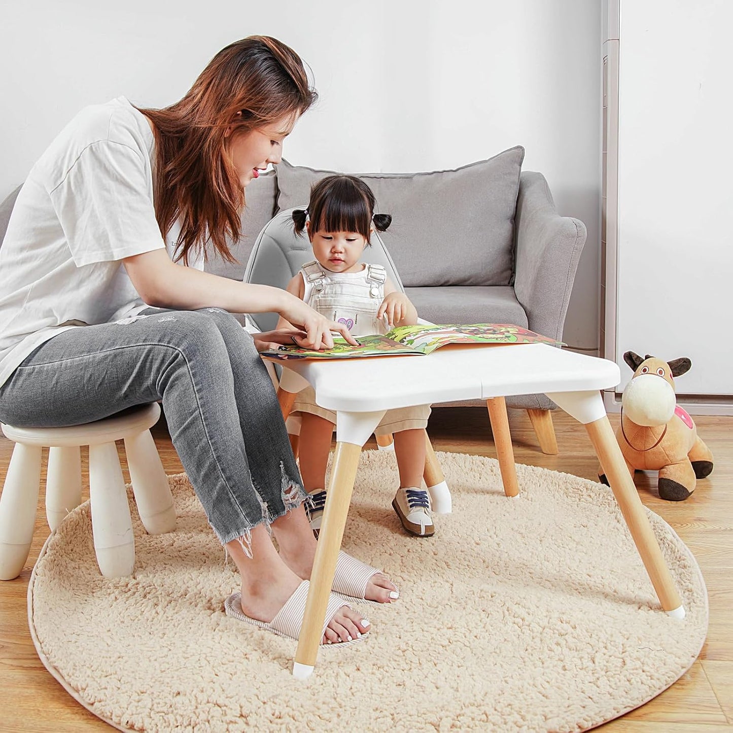Gofirst 6 in 1 Baby High Chair,Convertible Wooden High Chairs for Babies and Toddlers,Infant Dining Booster Seat,Building Block Table/Baby Highchair 4-Position Removable Baby Feeding Chair