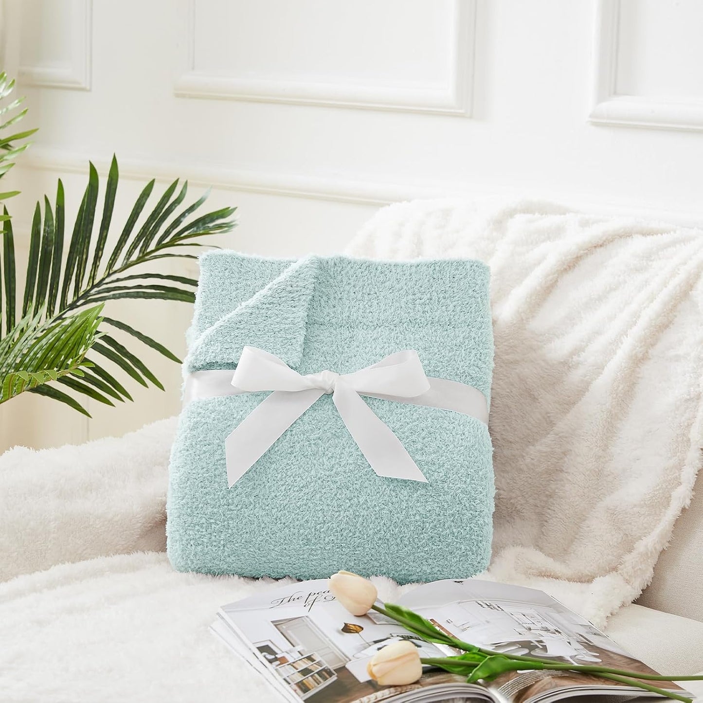 CYMULA Knit Throw Blanket for Couch Sky Blue - Super Soft Lightweight Plush Fuzzy Fluffy Cozy Blankets and Throws for Sofa Bed, 50 x 60 inches