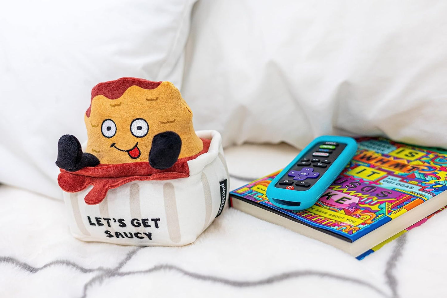 Chicken Nugget Foodie Plushie, Funny Pun Meme Gag Gift, White Elephant, Stocking Stuffer Present, Great for Emotional Support, Fun Desk Accessory, Weighted Base for Display