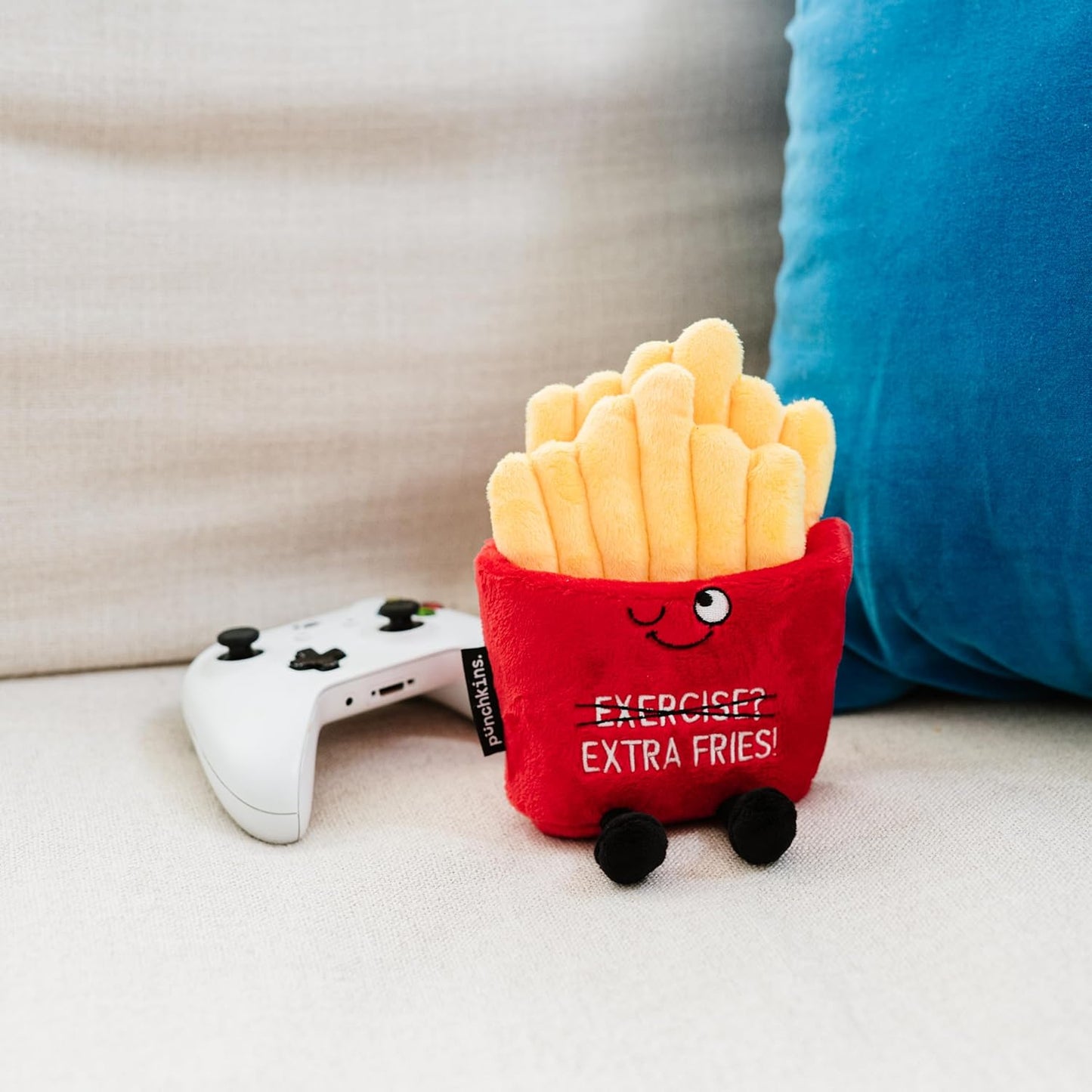 Exercise? Extra Fries! French Fry Plushie - Funny Pun Meme Gag Gift, White Elephant, Stocking Stuffer Present, Great for Emotional Support, Fun Desk Accessory, Weighted Base for Display