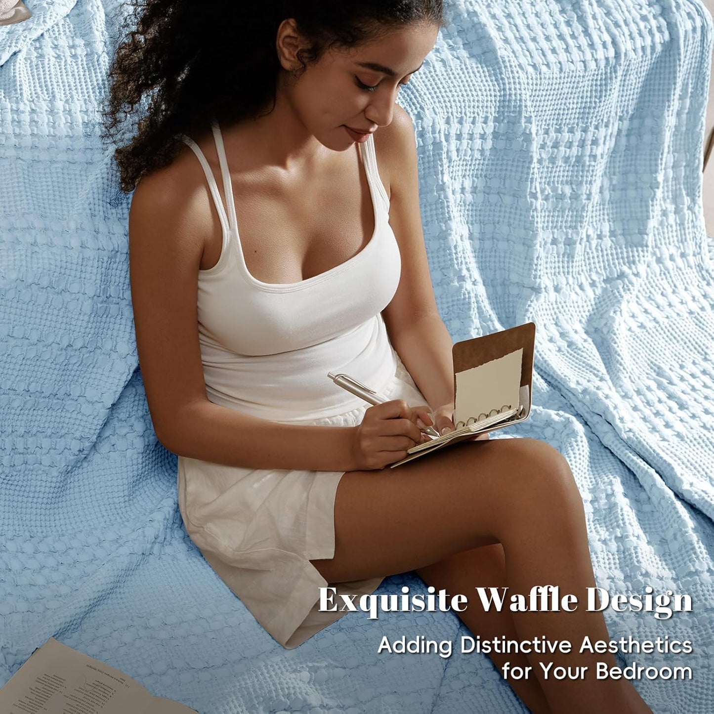 PHF 100% Cotton Waffle Weave Blanket King Size, Soft Lightweight Breathable Cozy Summer Blankets for Bed, Luxury Aesthetic Woven Bedding for Home Decor, 108"x90", Baby Blue