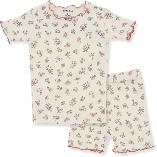 AVAUMA Baby Boy Girl Pajama Set 6M-7T Kids Cute Toddler Snug fit Flower Pattern Design Pjs Cotton Sleepwear Ruffled Shirring