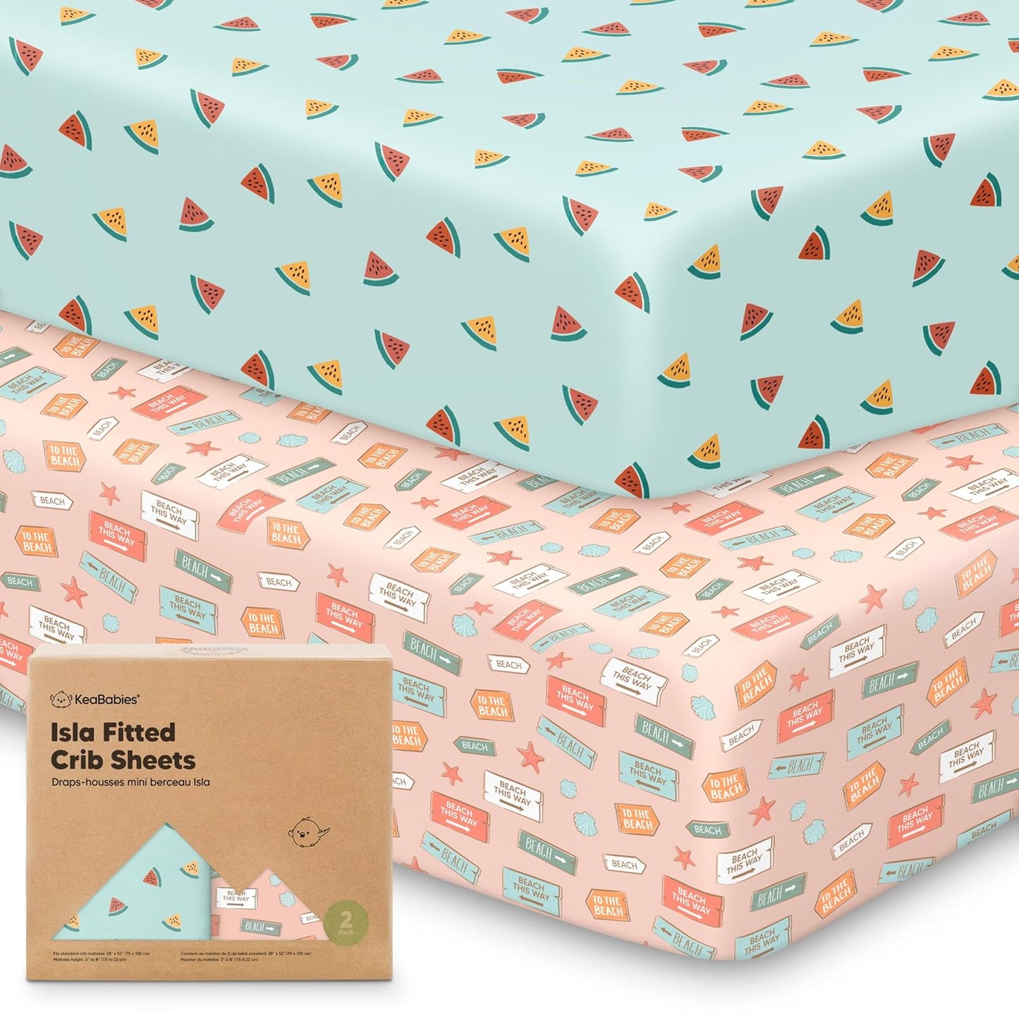 KeaBabies 2-Pack Baby Crib Sheets for Boys, Girls - 52x28 Viscose Derived from Bamboo Toddler Bed Sheets Neutral, Fitted Crib Mattress Cover for Standard Baby Bedding, Soft & Cozy (Beach Day)