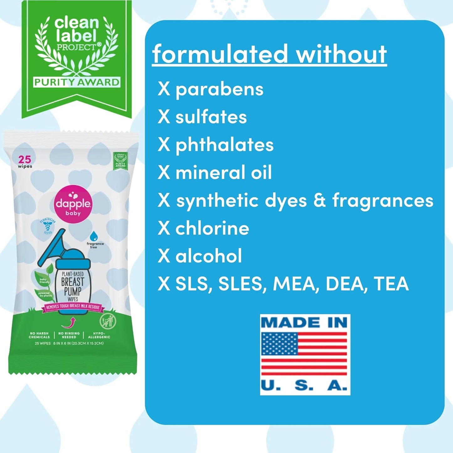 Breast Pump Wipes by Dapple Baby, Hypoallergenic & Powered by Plants, Removes Milk Residue, Leaves No Taste, Convenient Wipes Pouch, Fragrance Free, 25 Count (Pack of 1)