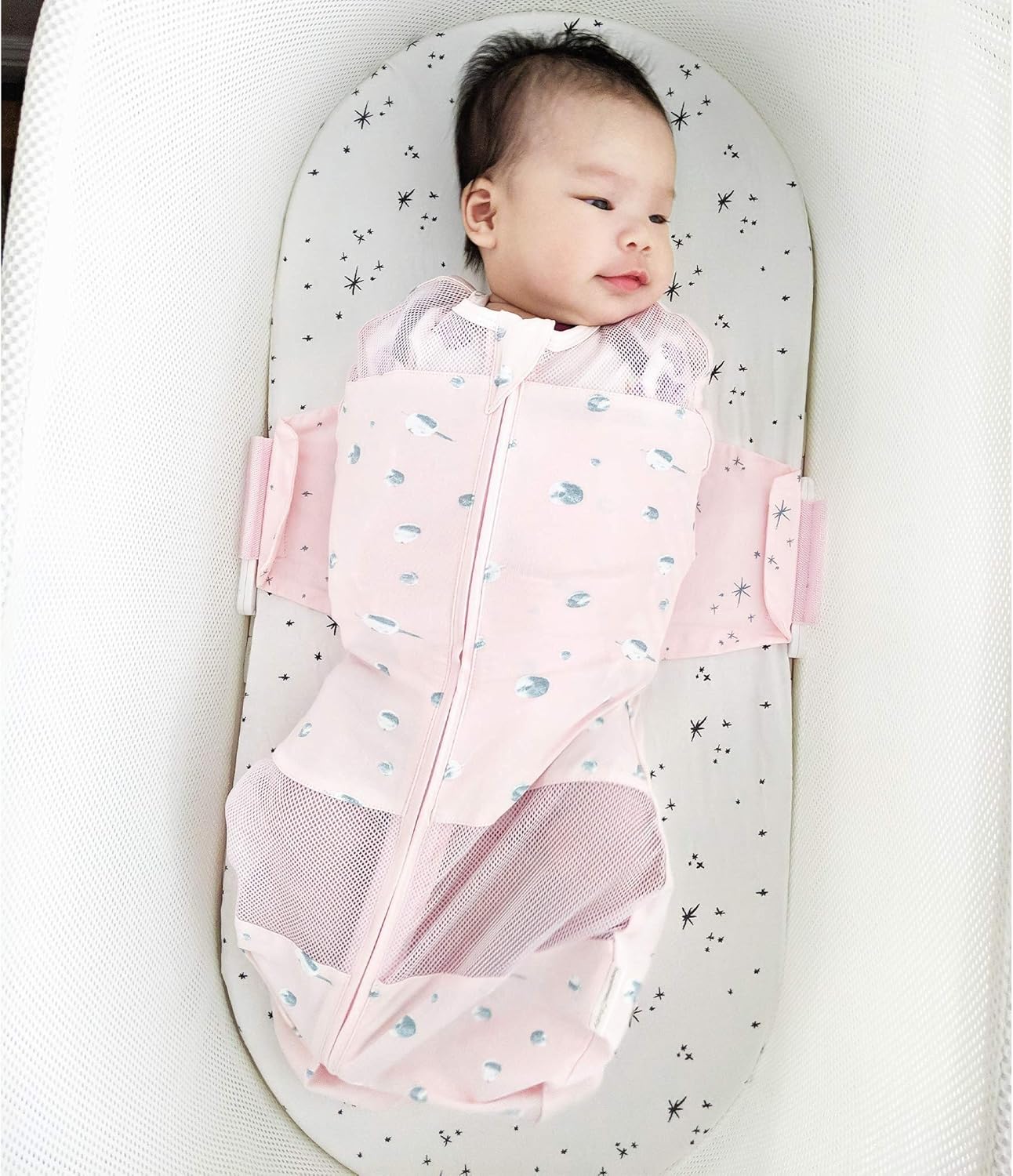 Happiest Baby SNOO Sleep Sack - 100% Organic Cotton Baby Swaddle Blanket - Doctor Designed Promotes Healthy Hip Development - 3-Pack Bundle (Rose Planets, S, M, L)