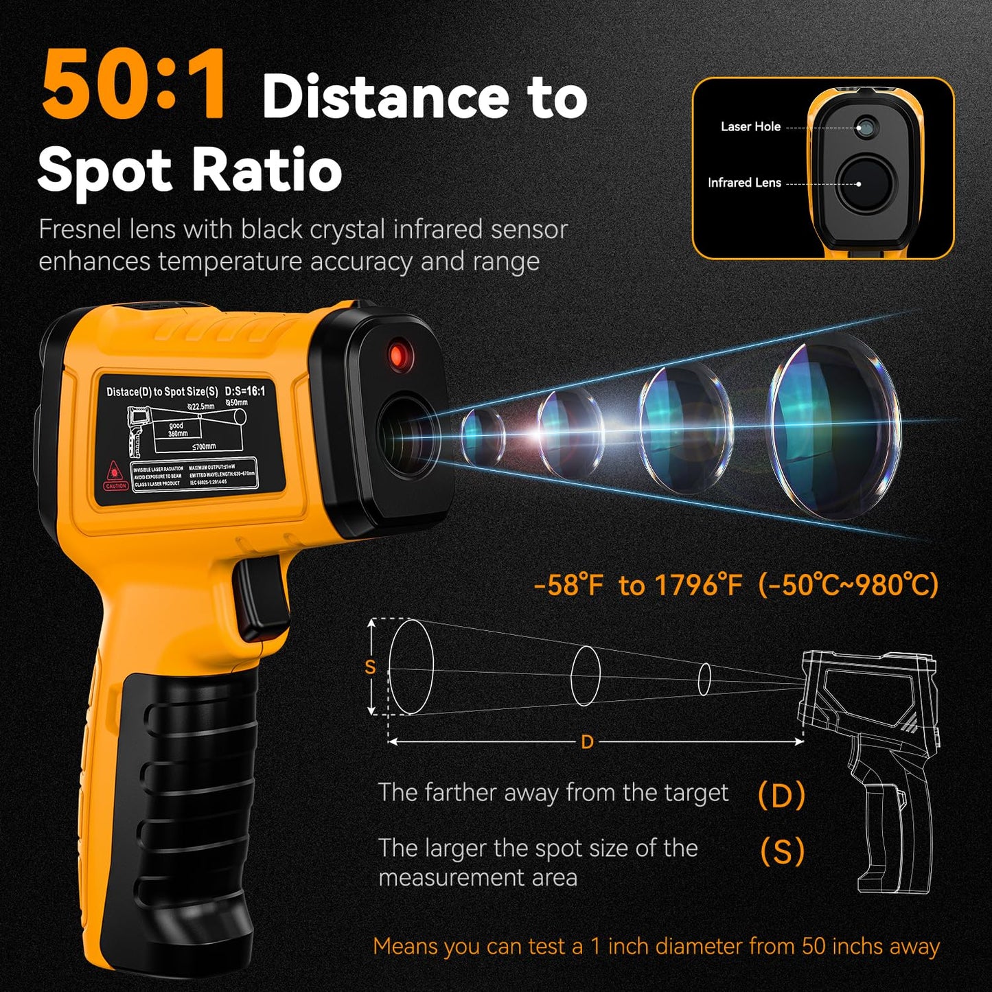 50:1 Infrared Thermometer -58F to 1796F, Laser Temp Gun with Thermocouple Probe for Pizza Oven, HVAC, BBQ, High Temp Gun with Humidity Sensor, Accurate for Home and Industrial Use