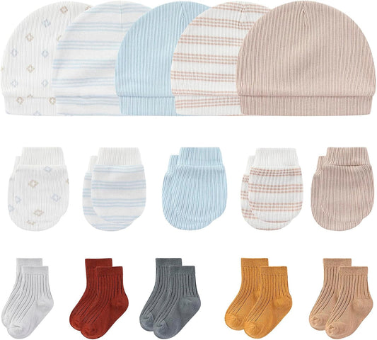 Newborn Baby Boy Girl Caps Mittens Socks Set Cotton Baby Essentials Accessories (Hats+Gloves+Socks)