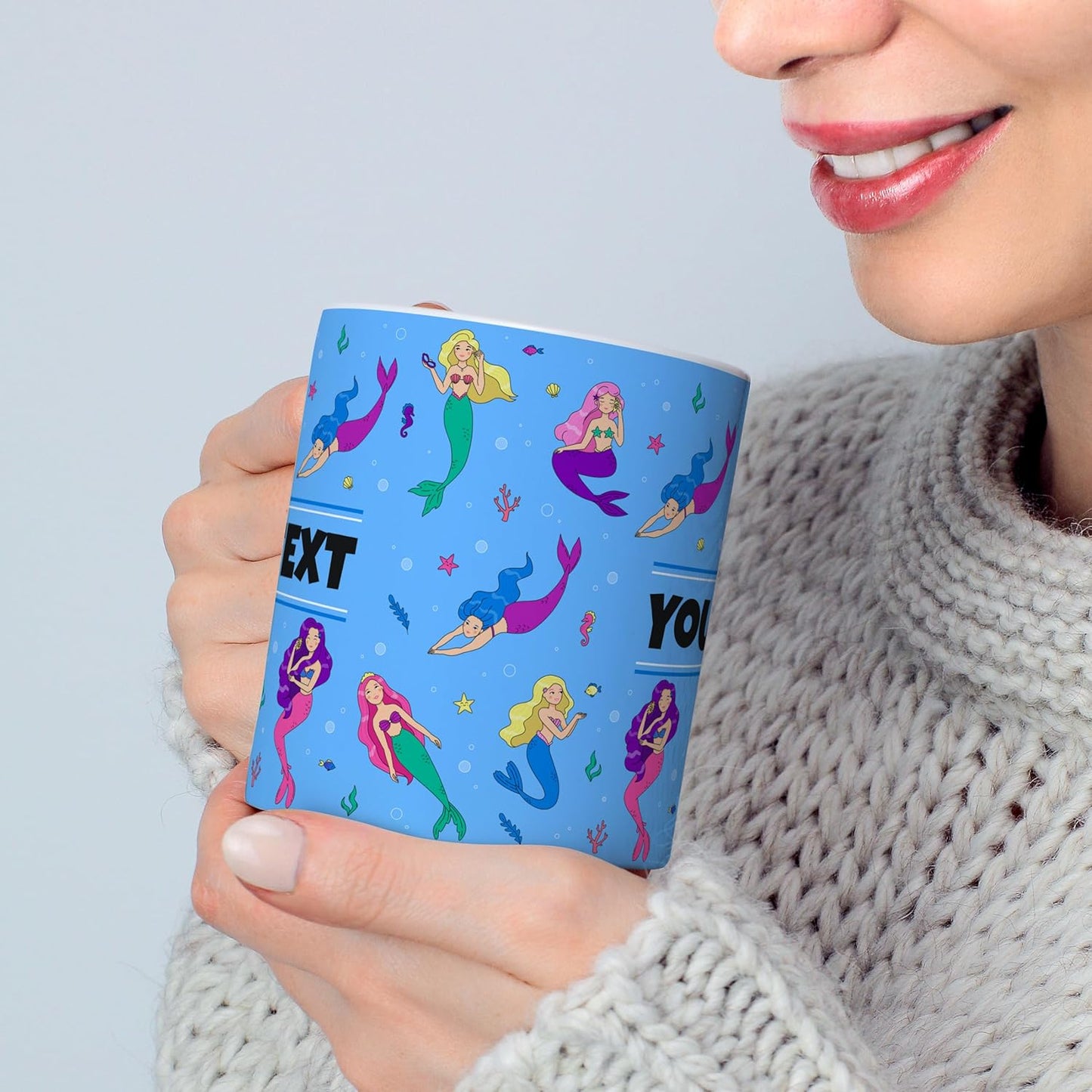 Personalized Mug for Kids - Mermaids - Custom Name/Text, Ceramic Hot Chocolate/Cocoa/Coffee Cup for Girls, Birthday/Christmas/Holiday Gift - 11 oz, Light Blue Handle