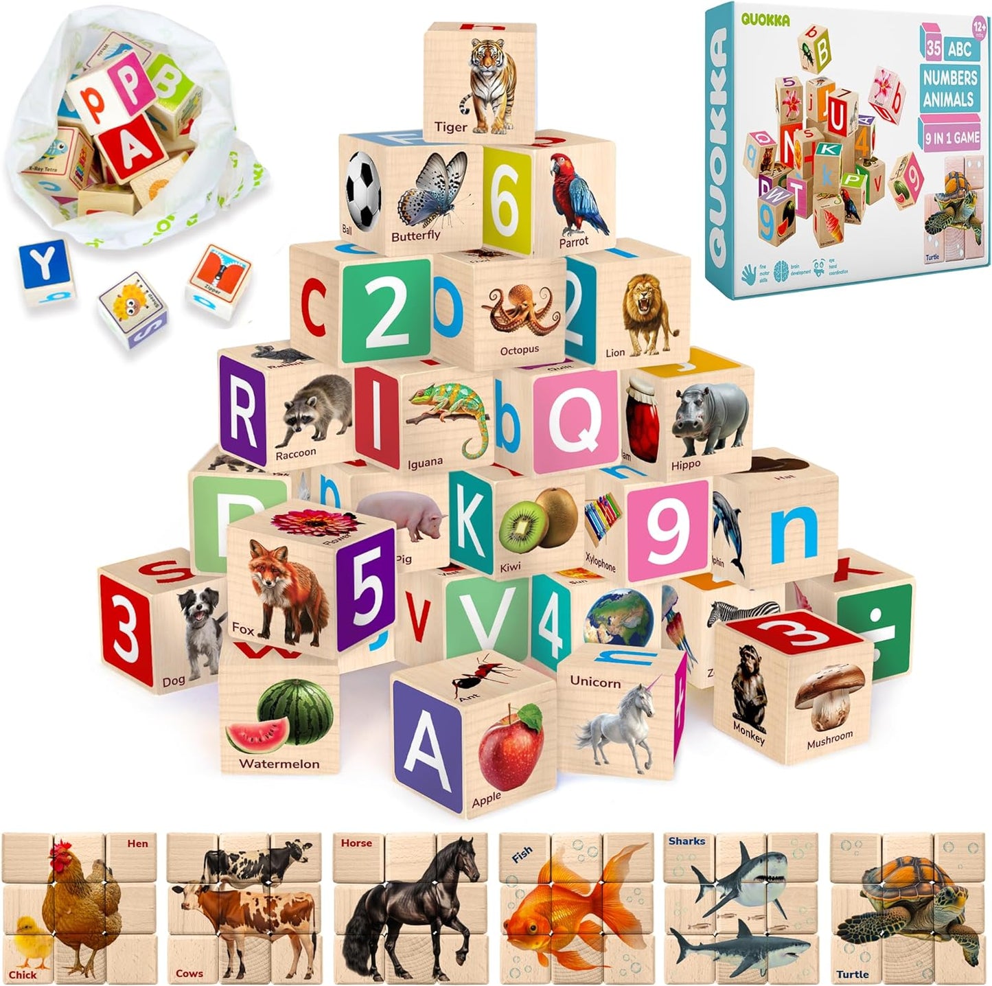 QUOKKA Montessori Wooden Blocks for Toddlers 1-3 - 35 Realistic ABC Learning Baby Blocks for Kids 3-5 Year Olds - Stacking Alphabet Wood Toys for 2-4 yo - Learn Letters Numbers