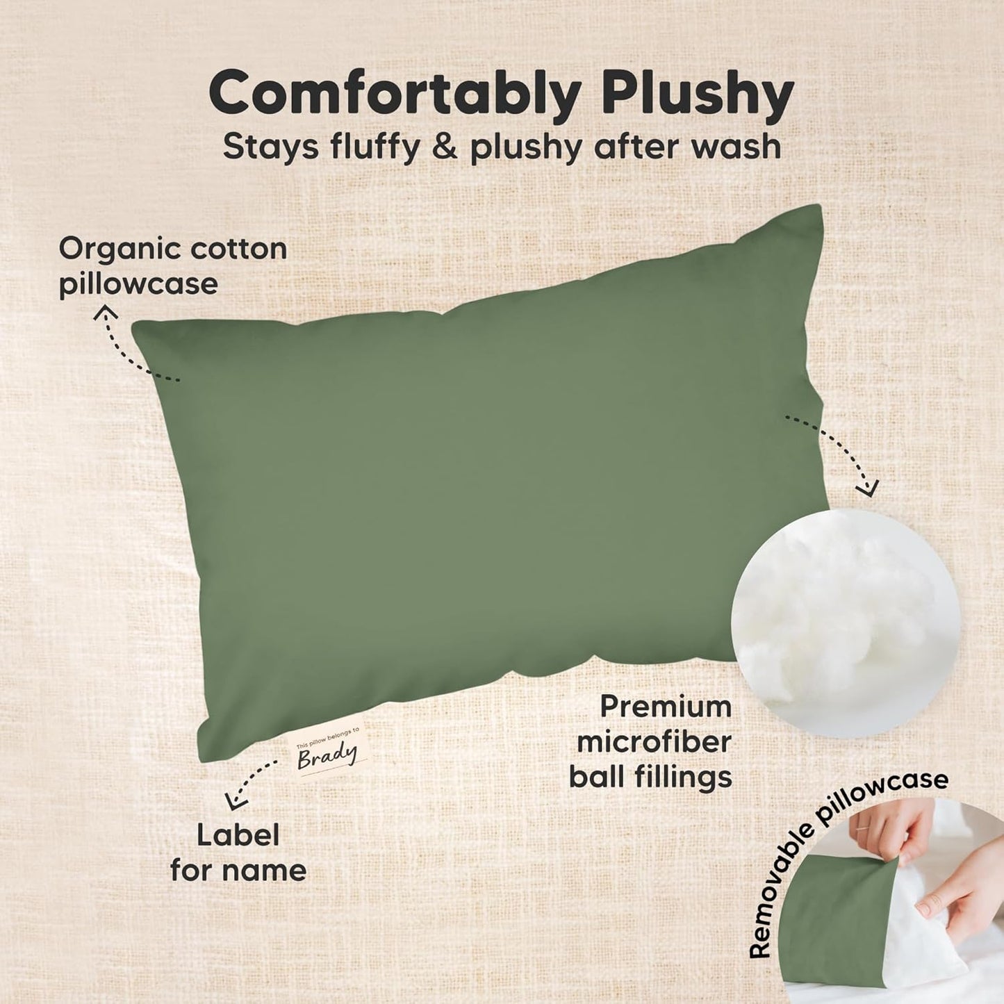 Mini Toddler Pillow with Pillowcase - 9x13 My Little Dreamy Travel Kids Pillow for Sleeping, Toddler Bed, Small, Tiny, Organic Cotton Pillowcase, Soft & Breathable, Kids 2-4 Years Old (Jungle Green)