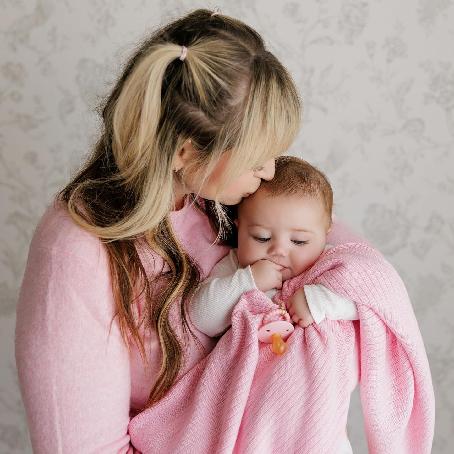 Organic Ribbed Swaddle Blanket for Boys & Girls - 100% Luxury Organic Soft Cotton Knit Warm Cozy Cuddle Stroller Crib Blanket for Newborns, Infants, & Toddlers (Blush Pink)