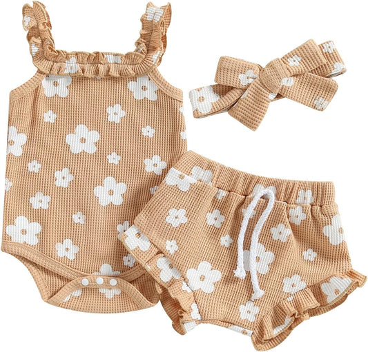 fhutpw Baby Girl Clothes Summer Cute Outfits 3 6 12 18 Months Spaghetti Strap Romper & Floarl Shorts Sets