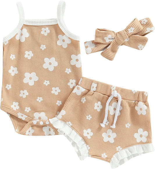 fhutpw Baby Girl Clothes Summer Cute Outfits 3 6 12 18 Months Spaghetti Strap Romper & Floarl Shorts Sets