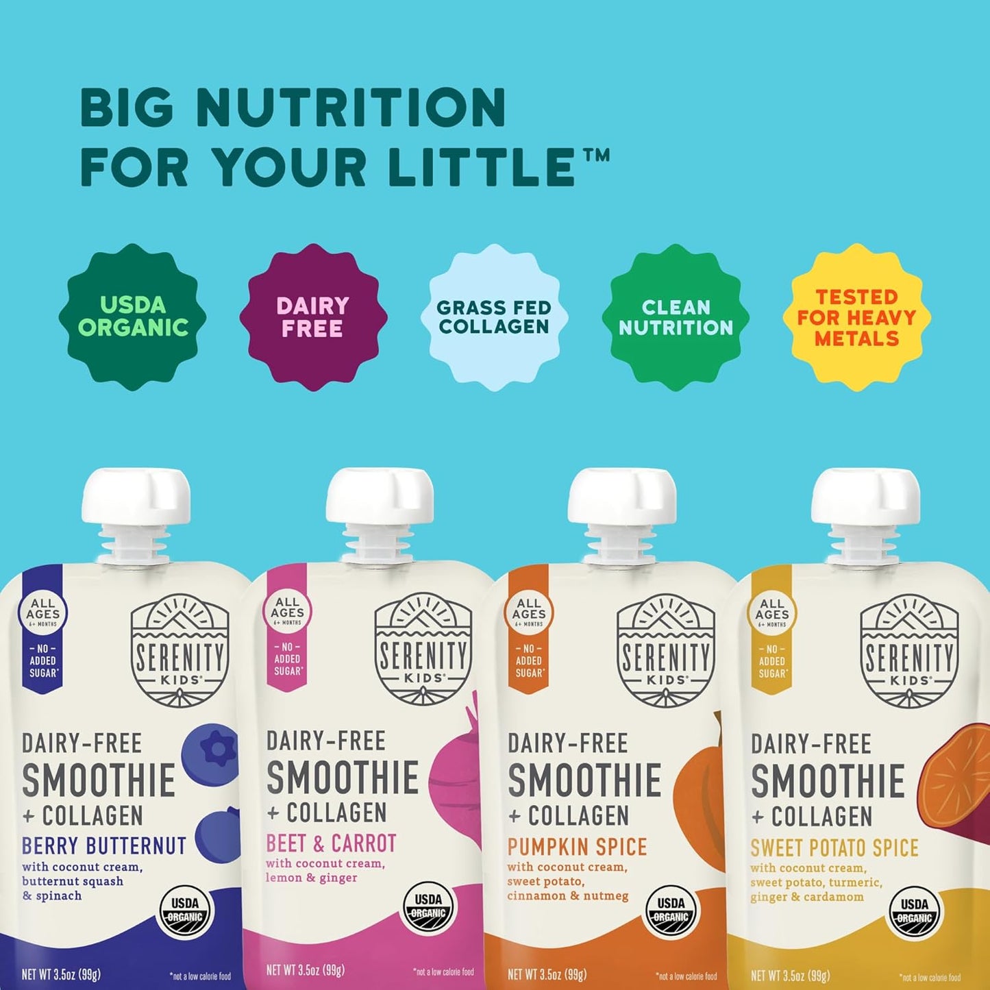Serenity Kids 6+ Months Dairy-Free Smoothie Baby Food - USDA Organic Grass-Fed Collagen Protein - 3.5 Oz BPA-Free Pouches - Variety Pack (8 Count) - Baby Smoothie Pouch Set