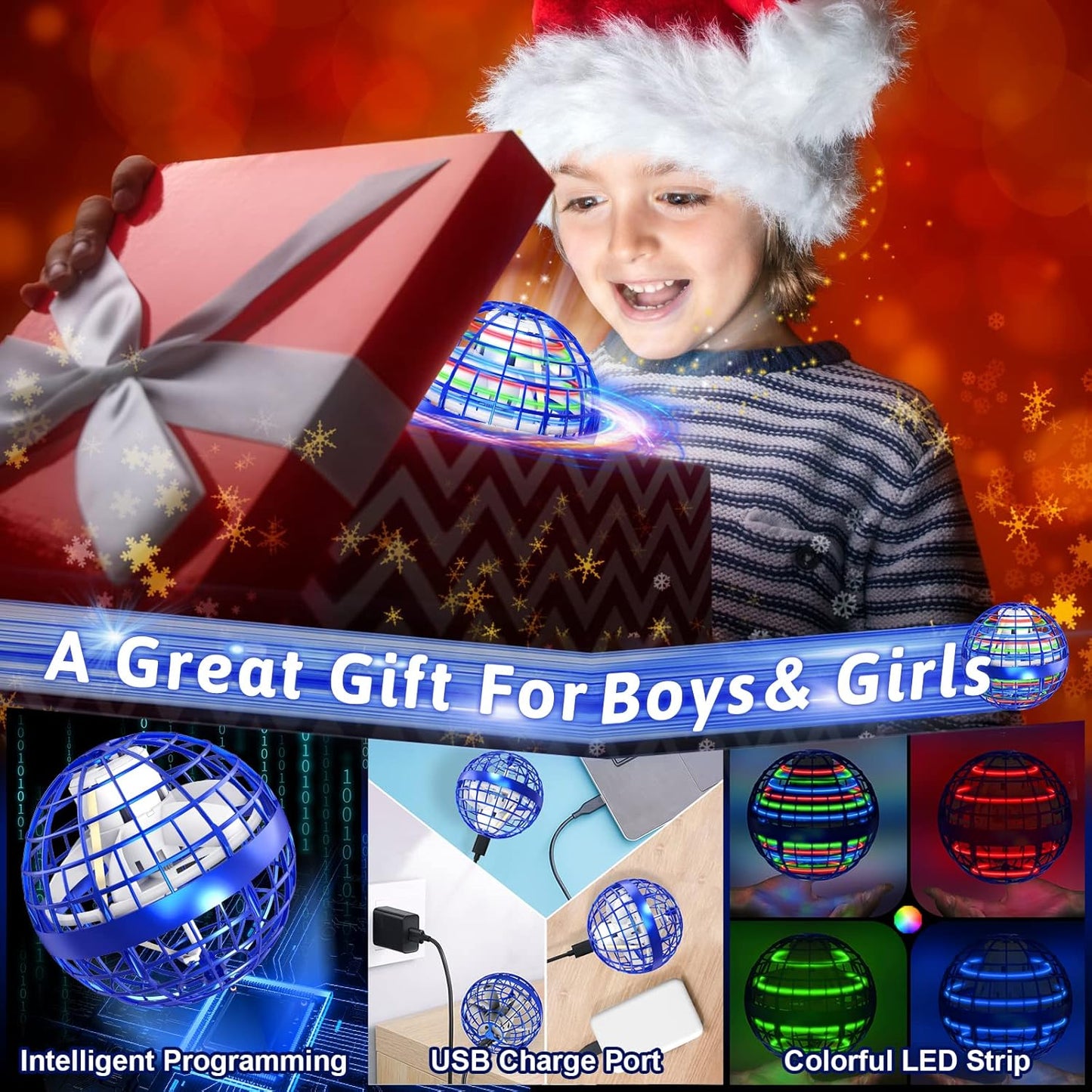 Flying Orb Ball Toys 360°Rotating Soaring Hover Orb Boomerang Spinner Magic LED Light Flying Ball Toys Hand Controlled Spinning Drone Ball Safe for Kids Adults Indoor Outdoor