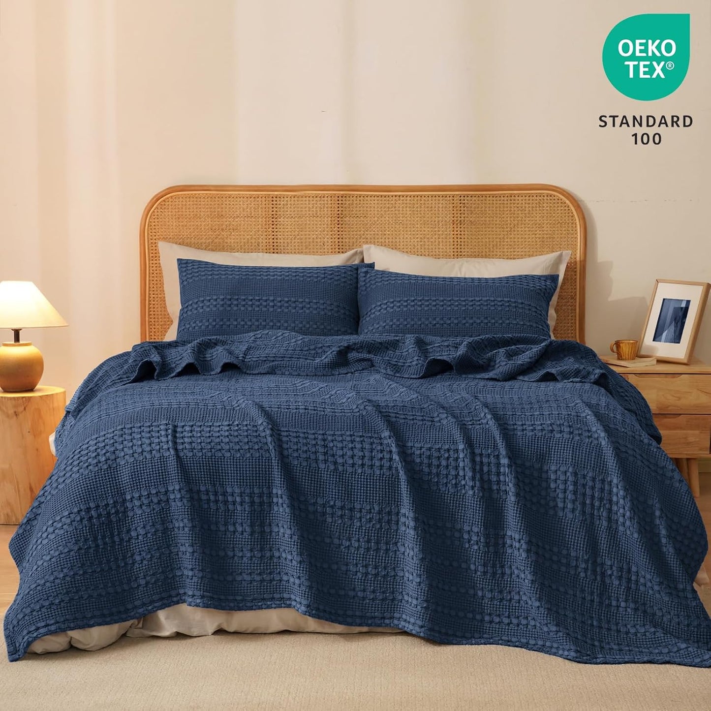 PHF 100% Cotton Waffle Weave Blanket Twin Size, Soft Lightweight Breathable Cozy Summer Blankets for Bed, Luxury Aesthetic Woven Bedding for Home Decor, 66"x90", Bright Navy Blue