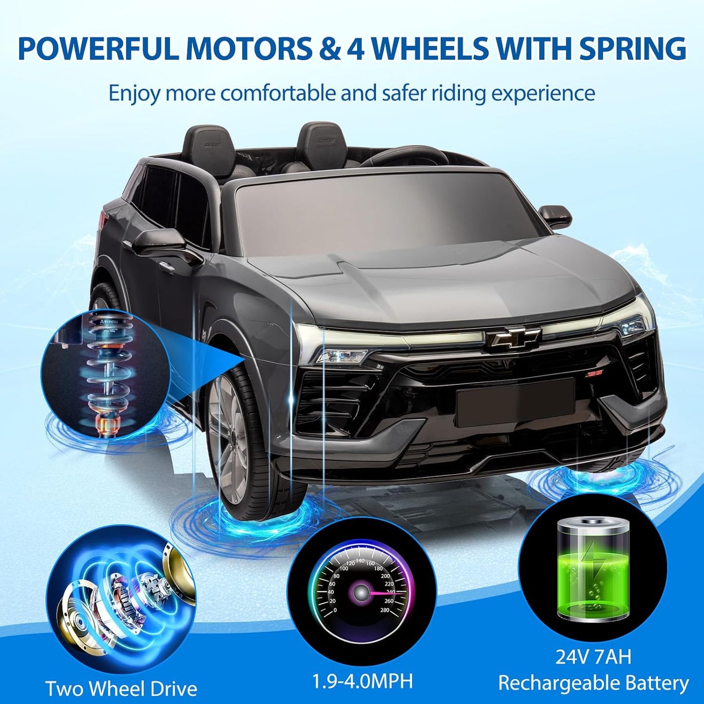 Jojoka Baby Car 24V 2-Seater SUV Licensed Chevrolet Blazer Ride On Toy w/Parent Remote Control,4xSpring Suspension, Wireless Music, Electric Vehicle Car for Kids Ages 3-8,Gray