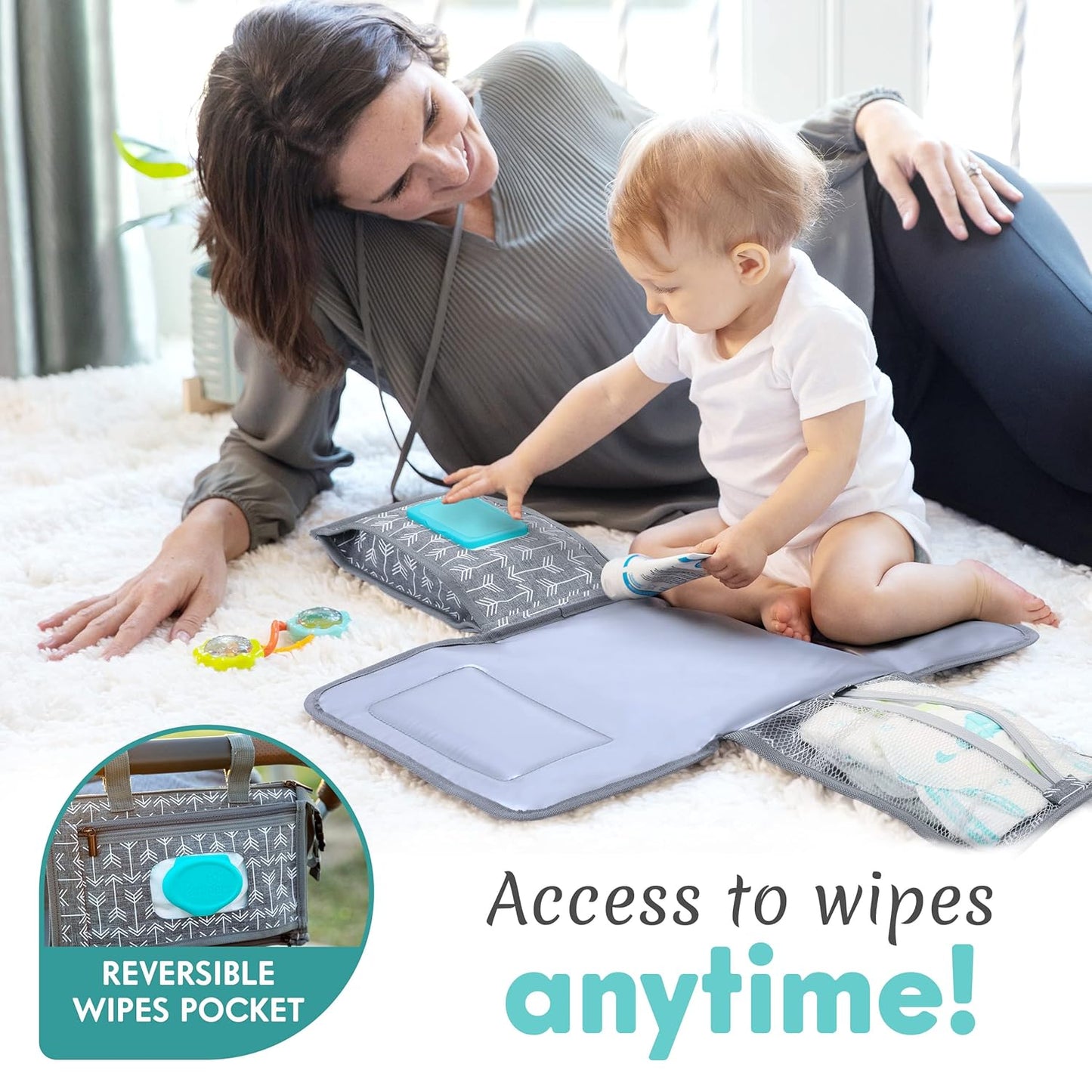 Kopi Baby Portable Diaper Changing Pad - Baby Diaper Changer Travel Bag with Wipes Pocket, Smart Design Portable Changing Mat, Infant Travel Station Kit, Gift for Newborn Girl & Boy - Modern