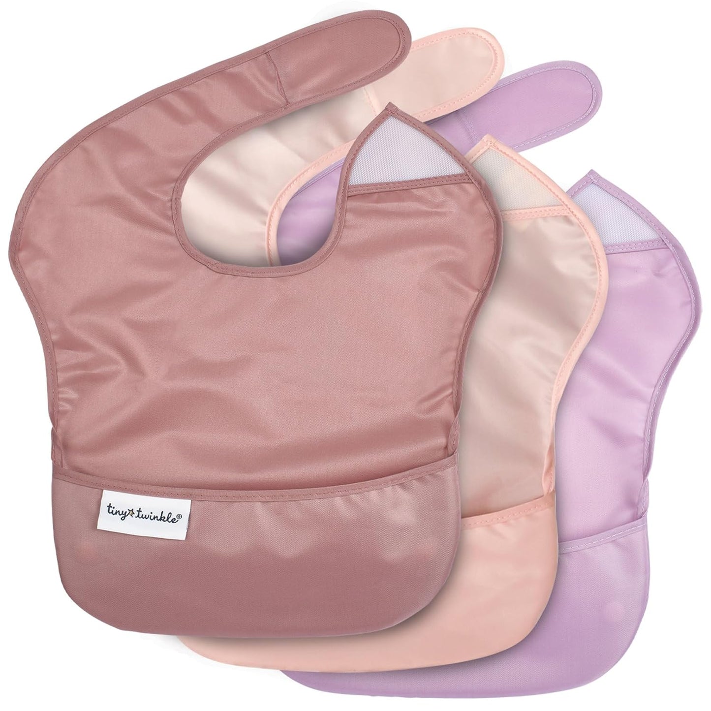 Tiny Twinkle Mess Proof Baby Bibs for Eating - Waterproof, Wipeable Bibs - Toddler Bibs - Travel Friendly - PFAS, PVC, BPA, Phthalate Free - Baby Food Bibs(3 Pack,Taupe, Rose)