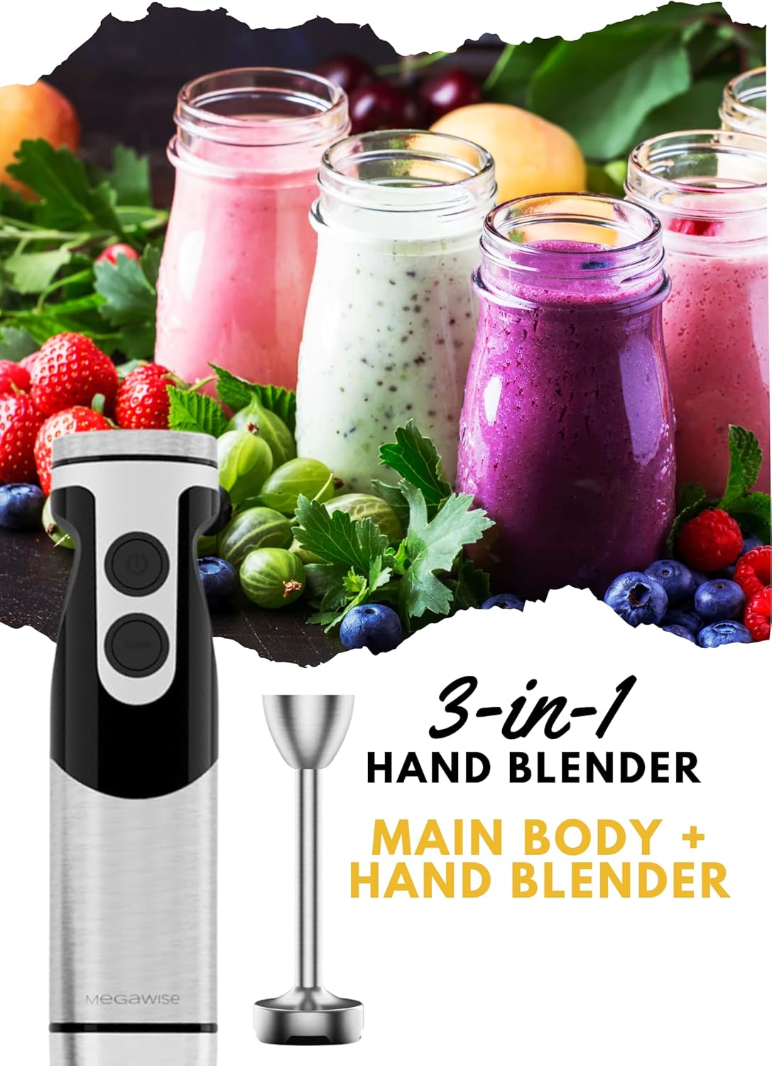 MegaWise Stainless Steel Titanium Reinforced 3-in-1 Immersion Hand Blender, Powerful with 80% Sharper Blades, 12-Speed Corded Blender, Including Whisk and Milk Frother (3-in 1 Black)