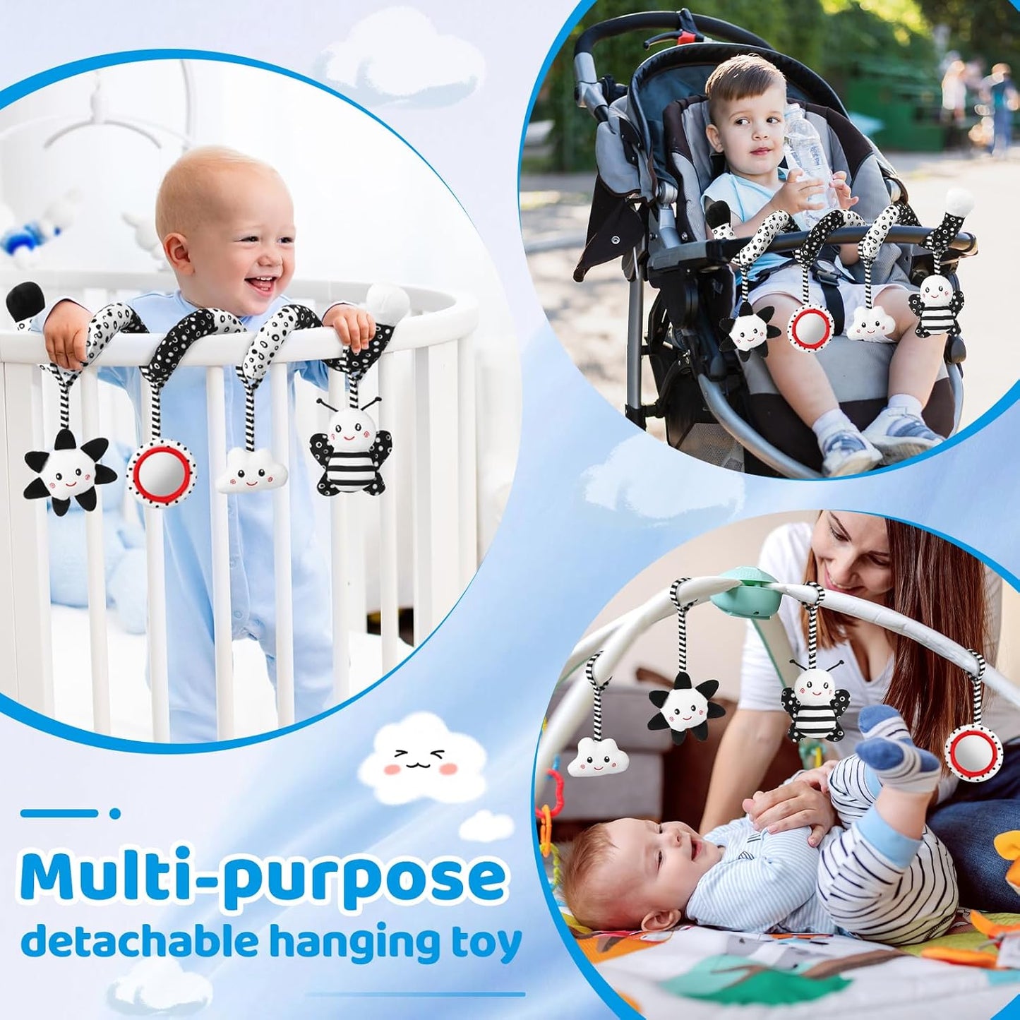Car Seat Toys Hanging and Stroller Toys for Babies 0-6 Months，High Contrast Baby Toys for Newborn 0 3 Months Brain Development,Black and White Baby Toys for Crib Mobile，Infant Ideal Gift