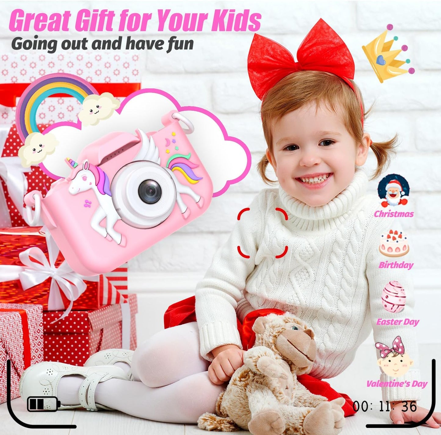 Upgrade Kids Camera for Girls, Christmas Birthday Gifts for Boys, 1080P HD Selfie Digital Video Camera for Toddlers, Cute Portable Little Girls Boys Gifts Toys for 3 4 5 6 Years Old