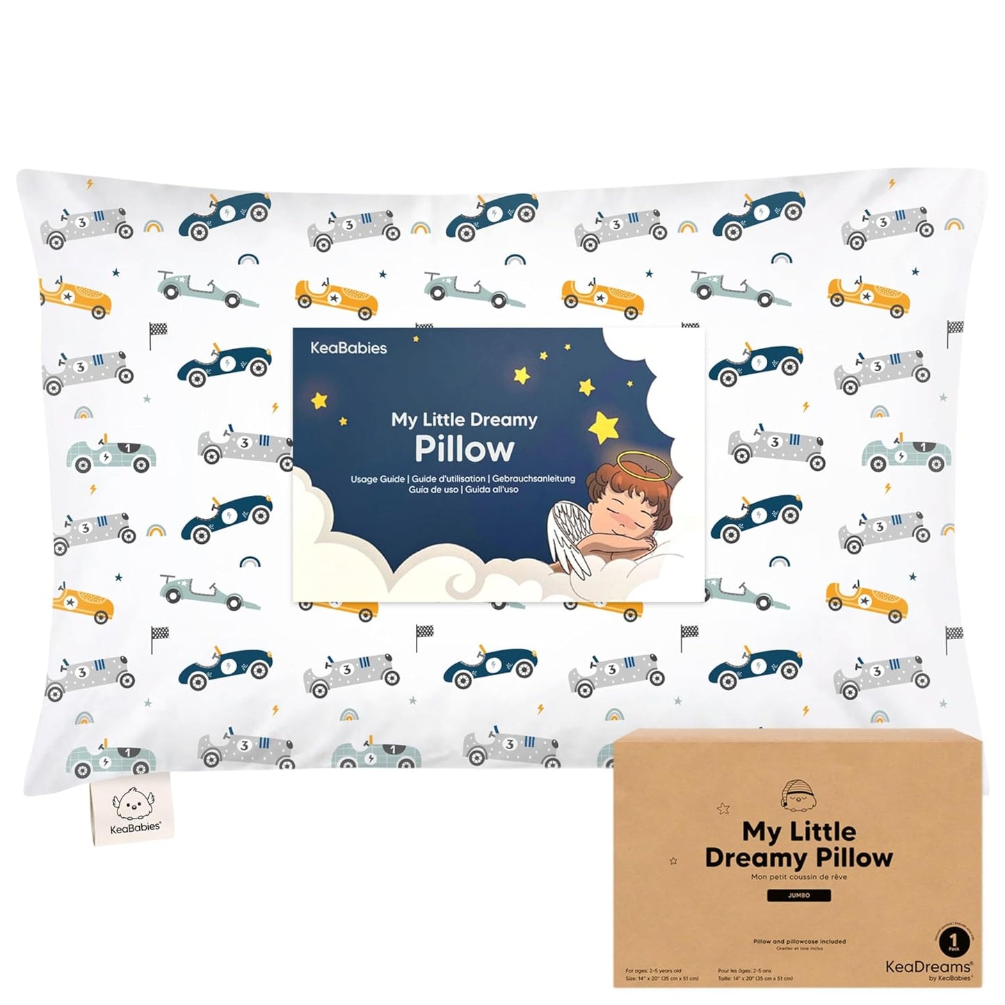 KeaBabies Toddler Pillow with Pillowcase, Jumbo 14X20 - Soft Organic Cotton Toddler Pillows for Sleeping - Machine Washable - Perfect for Travel, Toddler Bed Set (Racecars)
