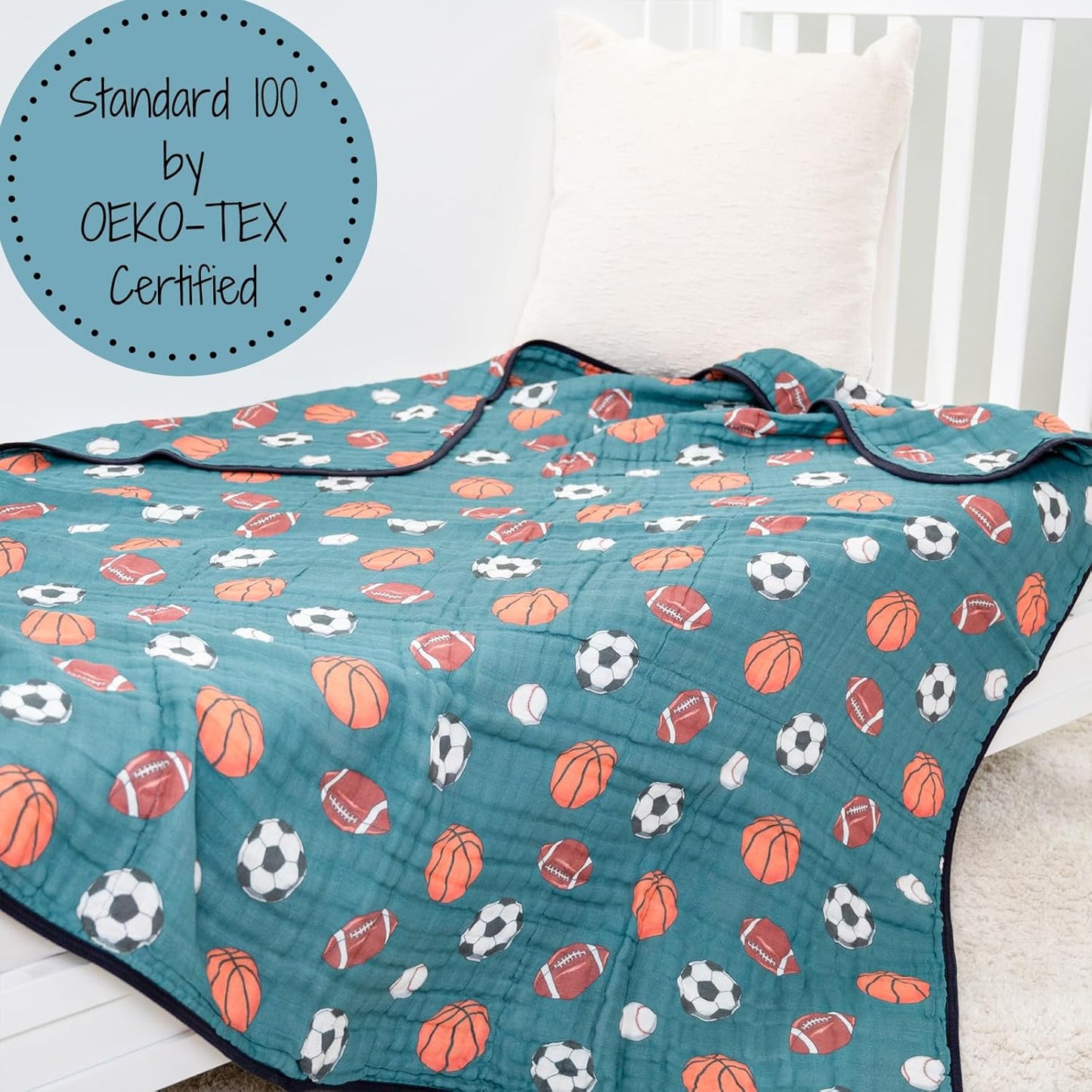 LollyBanks Muslin Baby Blanket 100% Organic Cotton, Muslin Quilt Lightweight, 6 Layers Baby Blankets 47"x 47", Muslin Blanket for Boys, Nursery Receiving Blankets (Sports, Balls Print)