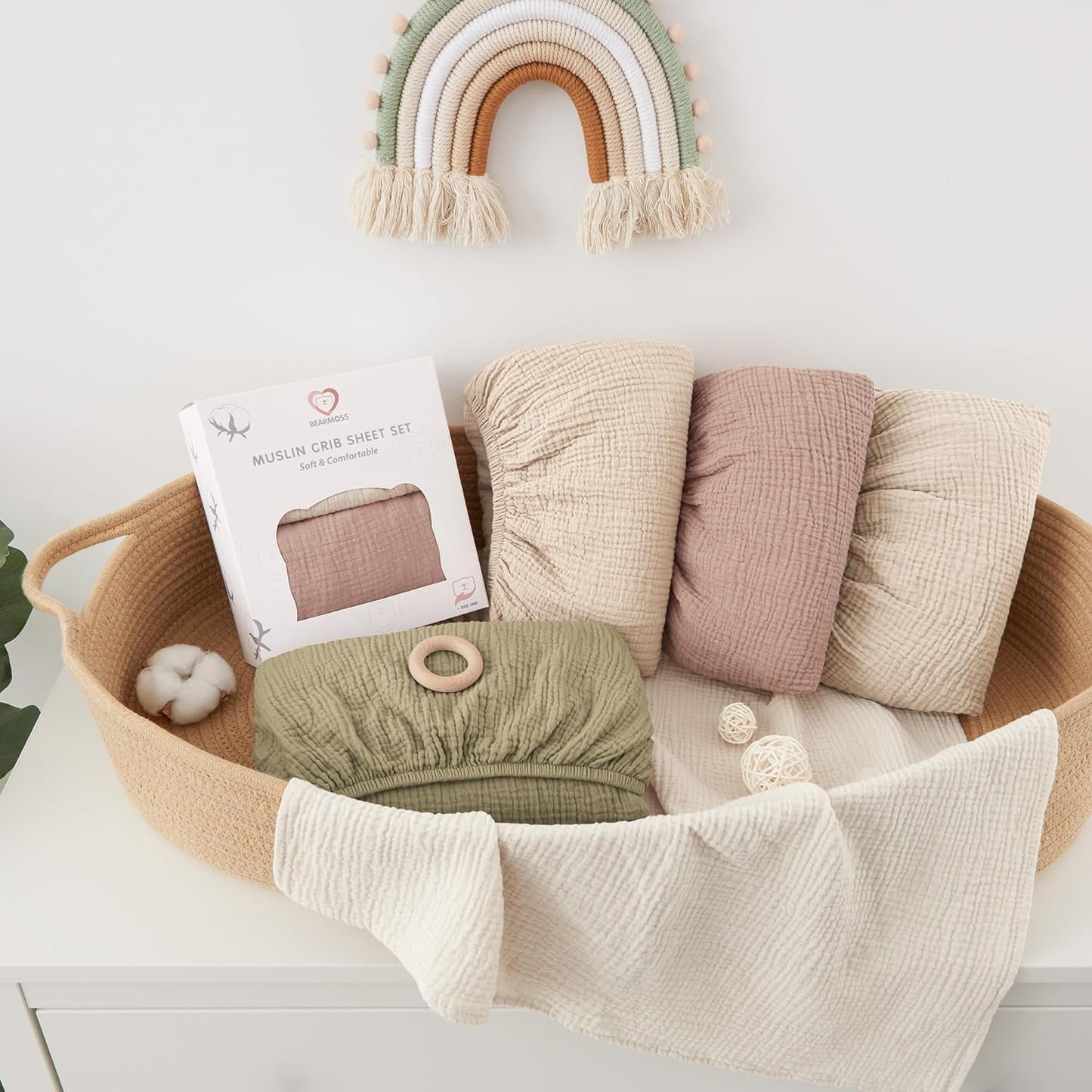 Bearmoss Muslin Mini Crib Sheets for Pack N Play Mattress - 100% Cotton - 38"x24" Soft Breathable Playard Baby Crib Sheets Neutral for Boys Girls - 2 Pack (Baby Face)