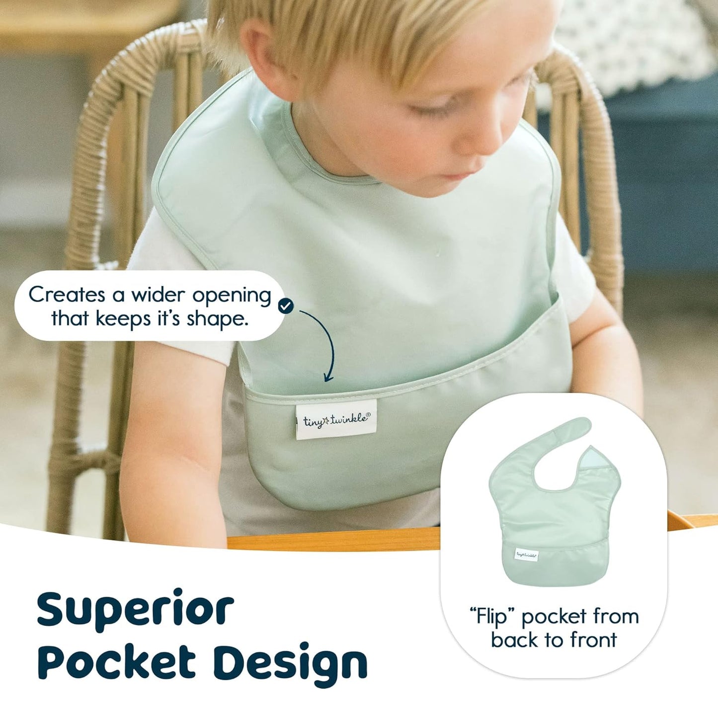 Tiny Twinkle Mess Proof Baby Bibs for Eating - Waterproof, Wipeable Bibs - Toddler Bibs - Travel Friendly - PFAS, PVC, BPA, Phthalate Free - Baby Food Bibs (3 Pack,Sage, Charcoal)