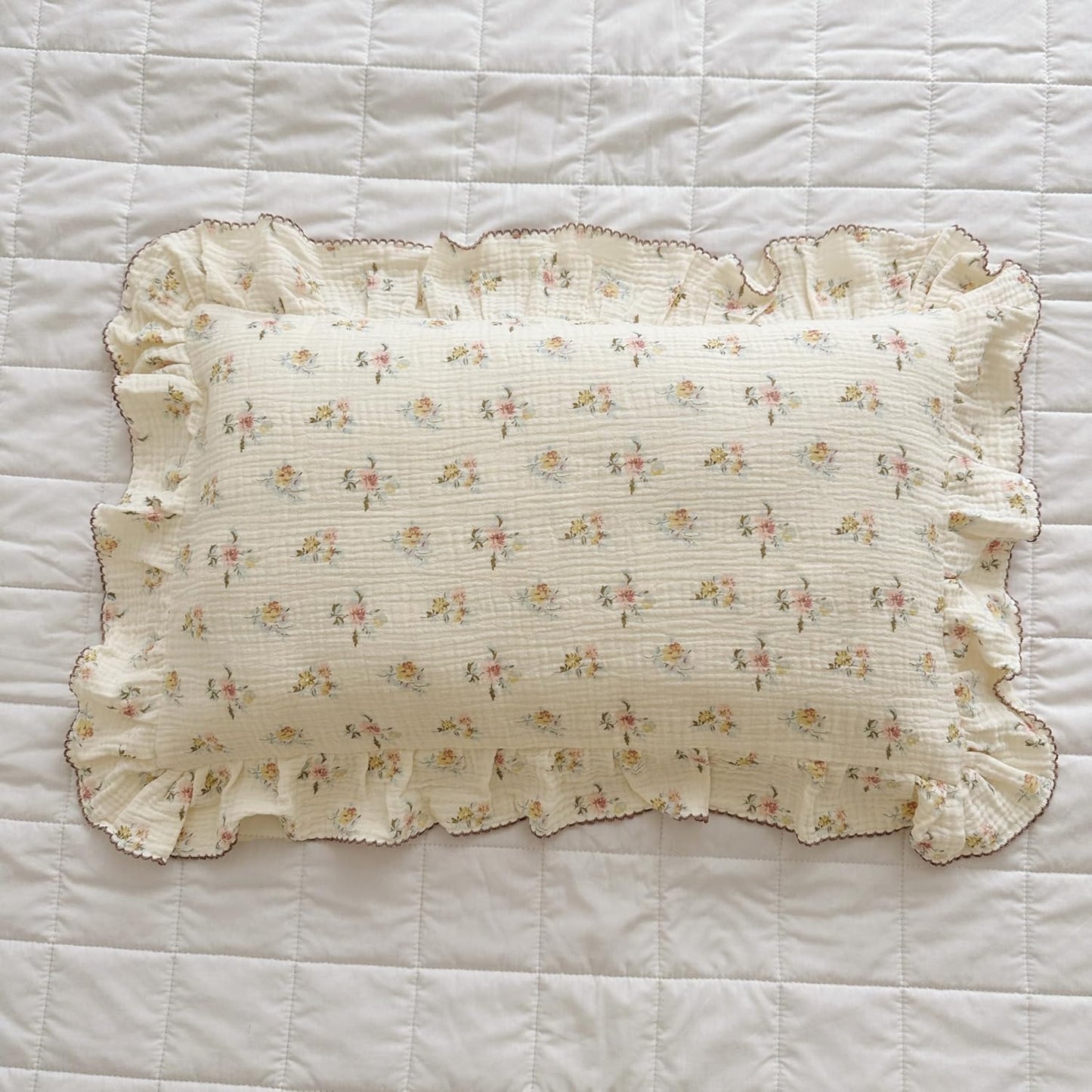 BuLuTu Double Layers Muslin Cotton Pillowcase King Size Vintage Floral Print Pillow Case Teens Girls Women Ruffled Pillow Cover, Envelope Closure, 20x36 inch, 1 Piece, Azalea