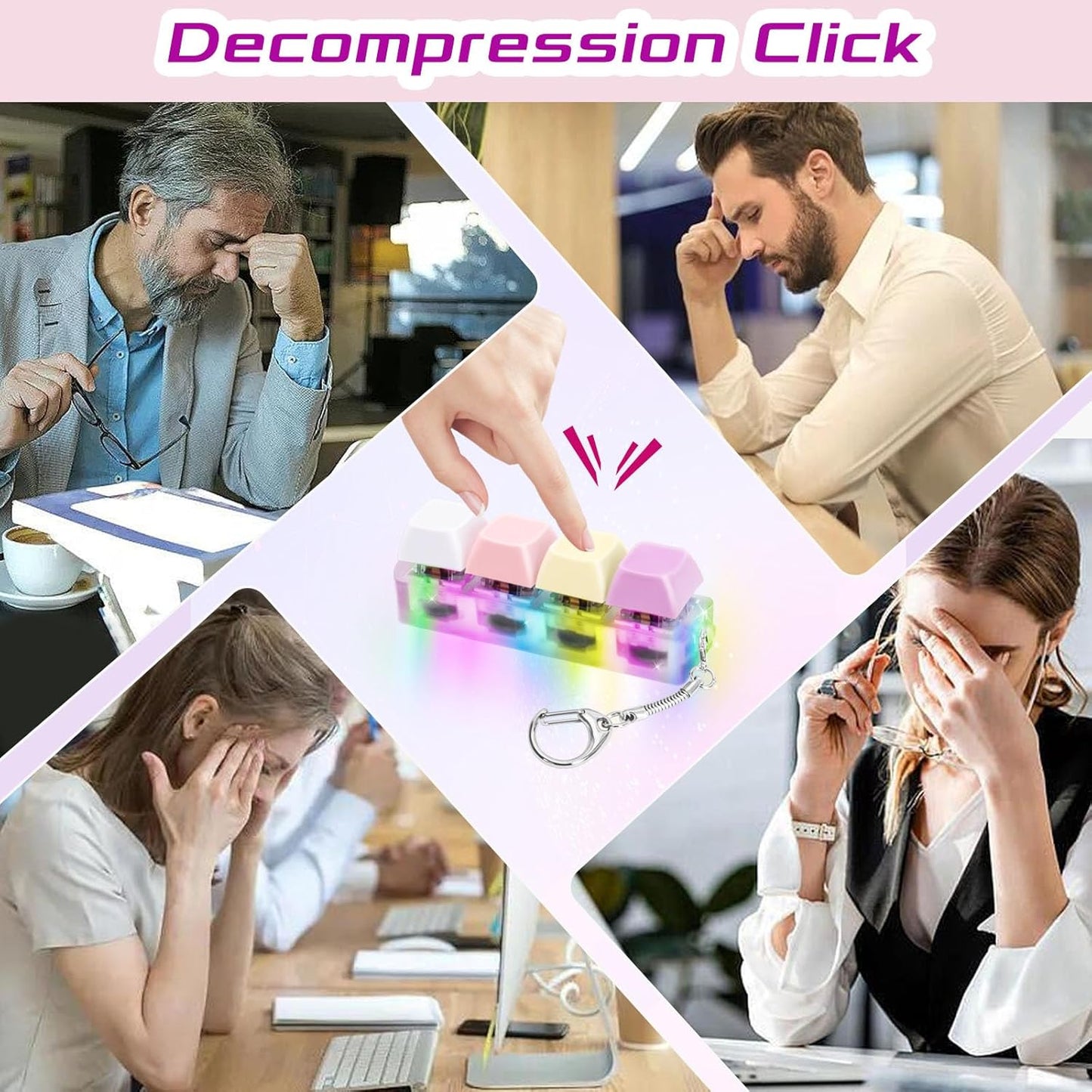 Keyboard Fidget Toys Adults Fidget Keyboard Clicker with LED Light Keychain Sensory Toys for Anxiety Stress Relief (Macaron1, 4 in 1)