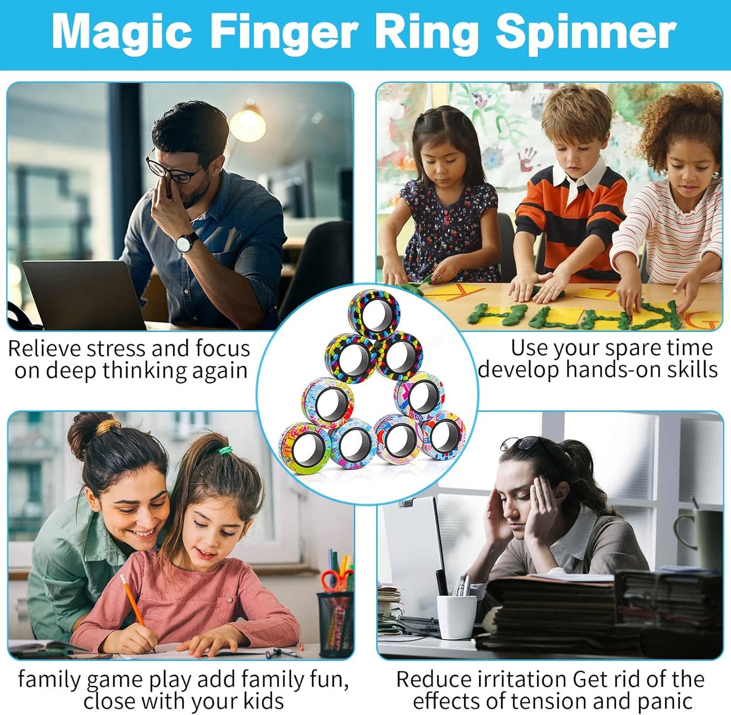 18Pcs Magnetic Rings Fidget Toys Spinner Set,Finger Magnet Rings Endless Hours of Fun ADHD Stress Relief Fidget Spinner for Relieve Anxiety Birthday for Adults Teens Kids