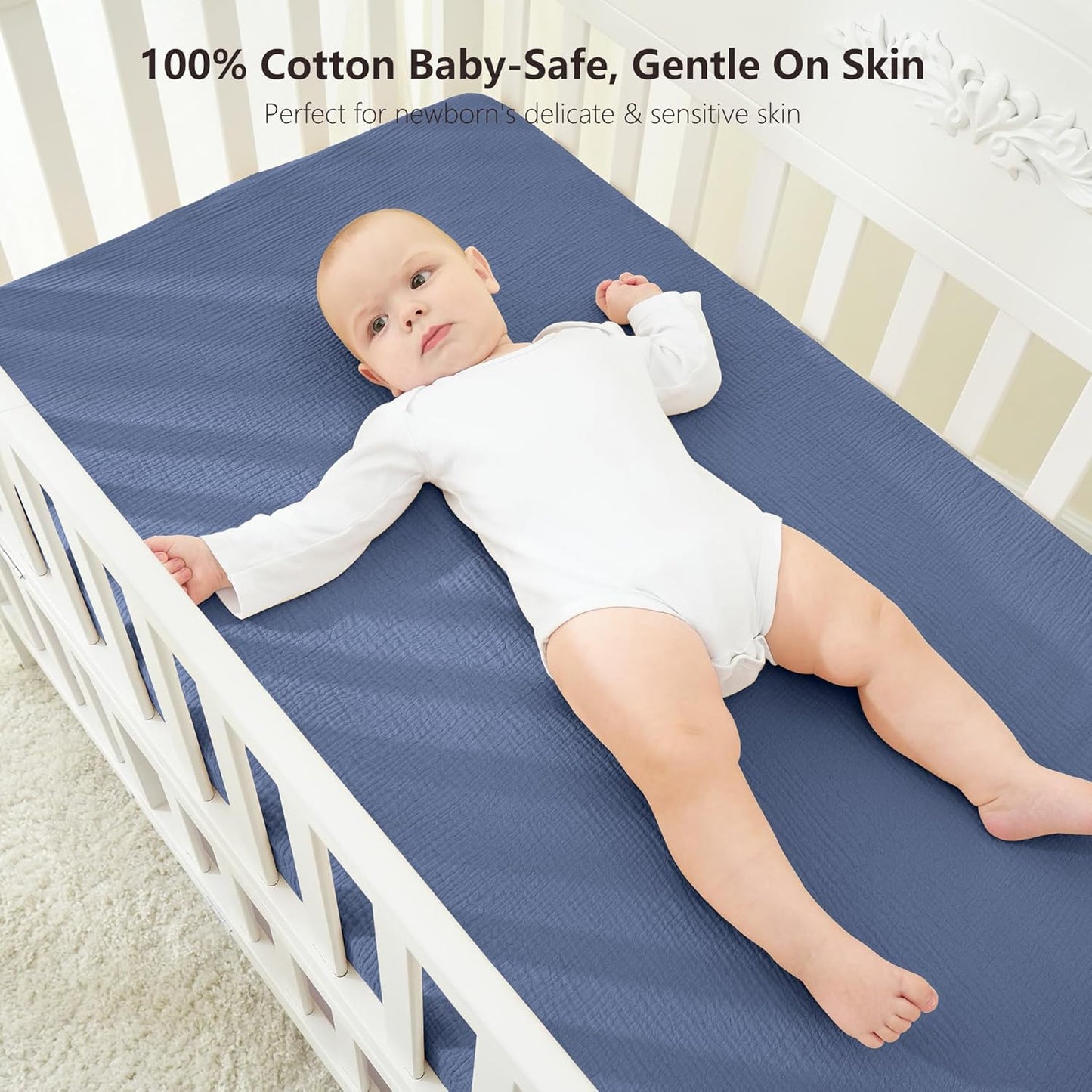Bearmoss Muslin Mini Crib Sheets for Pack N Play Mattress - 100% Cotton - 38"x24" Soft Breathable Playard Baby Crib Sheets Neutral for Boys Girls - 2 Pack (Blue Crescent)