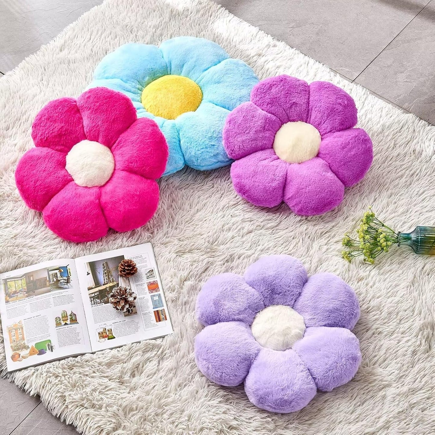 Lavender Flower Pillow, Cute Decorative Shaped Throw Pillow With Faux Rabbit Fur, 14.9" Soft Plush Floor Pillows Room Decor for Bedroom Living Room