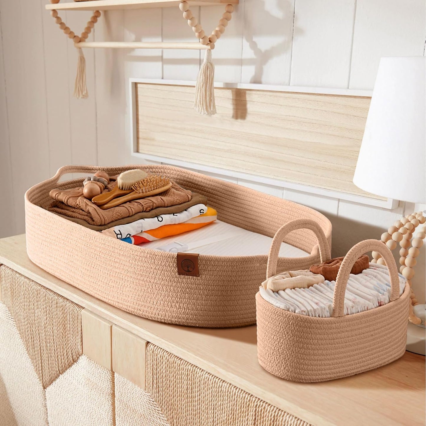Baby Changing Basket Includes Diaper Caddy - Breathable & Waterproof Dual-Cover, Portable, Changing Pad for Dresser & Changing Table, Gift for Baby Shower, Cotton Rope Basket for Baby
