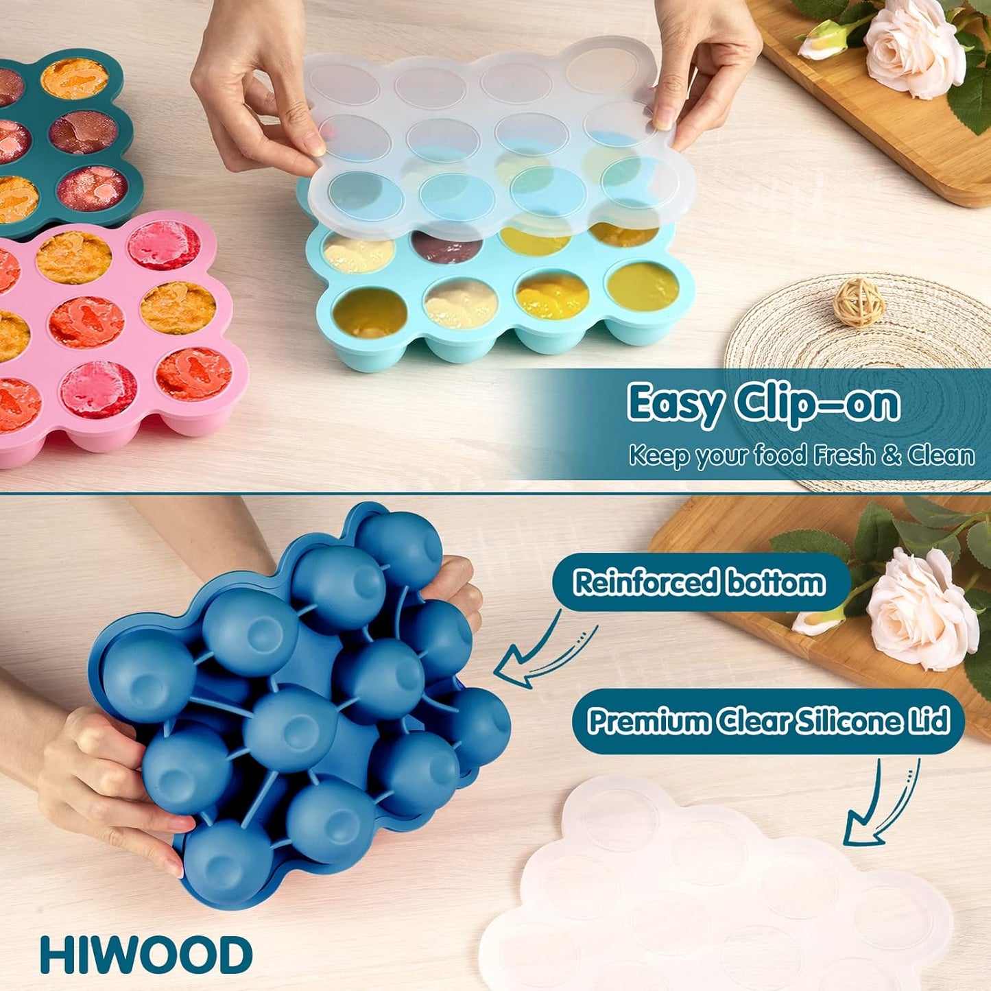 Baby Food Storage - 12 x 1.5OZ Silicone Freezer Tray with Lid, Containers for Homemade Purees - Midnight Blue