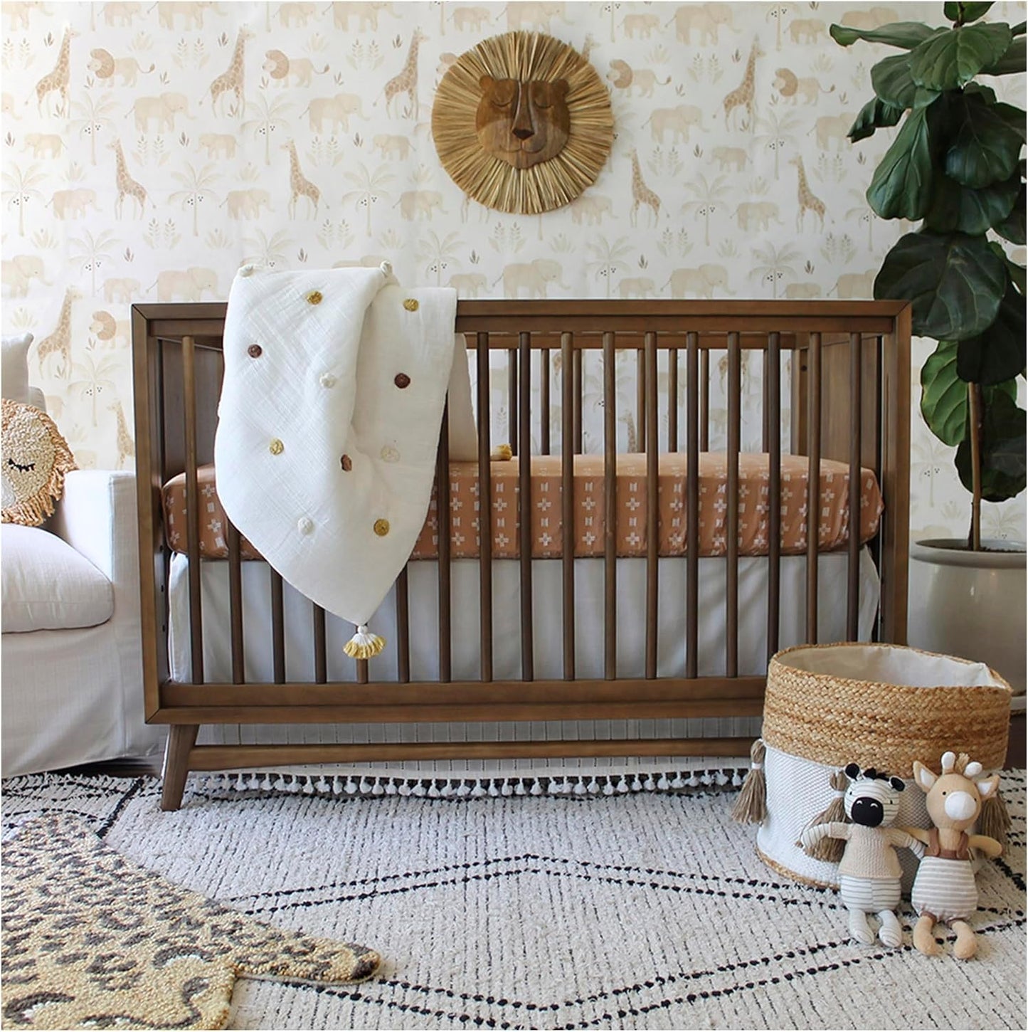 Crane Baby Blanket, 36” x 36”, Soft Cotton Pom Pom Nursery Blanket for Boys and Girls, Cream
