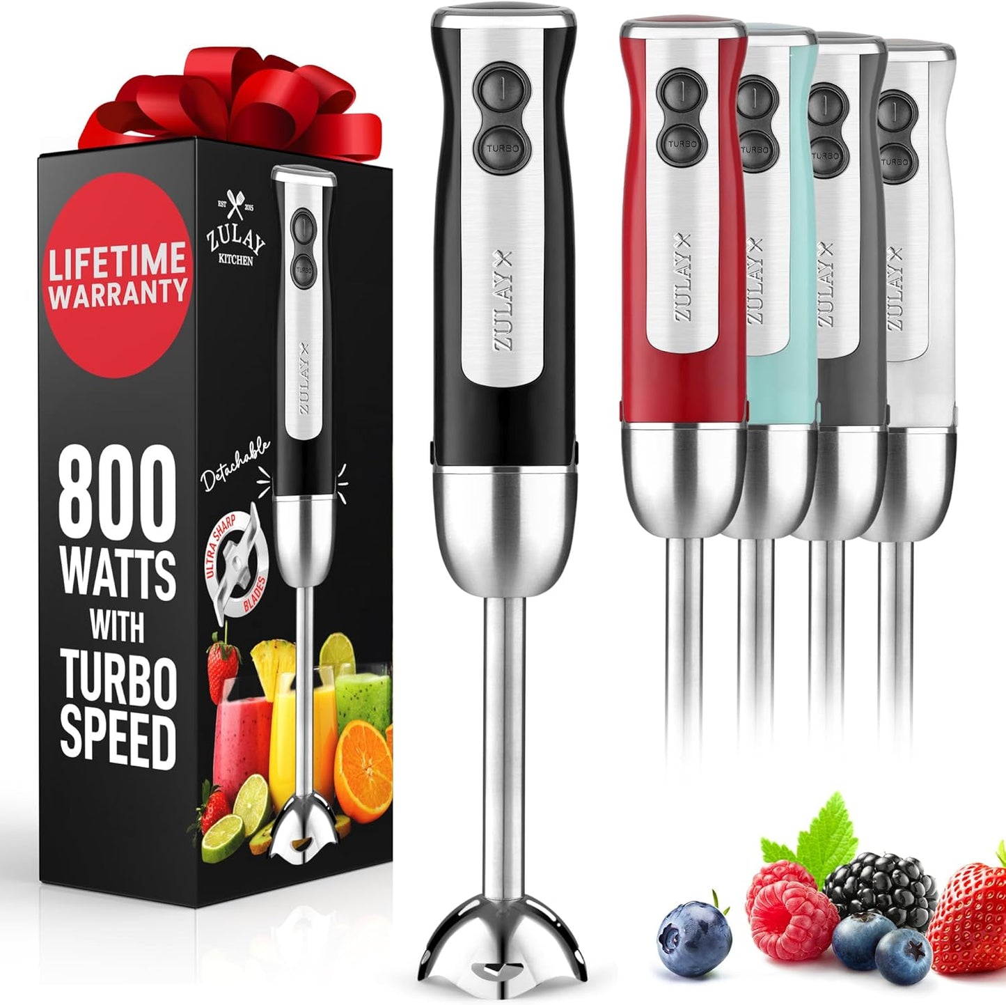 Zulay Immersion Stick Mixer Hand Blender - 800 Watts, Turbo Mode, 5-ft Power Electric Cord, Handheld Portable, Stainless Steel Blades - For Effortless Blending Smoothie, Soup, Baby Food, Puree - Black