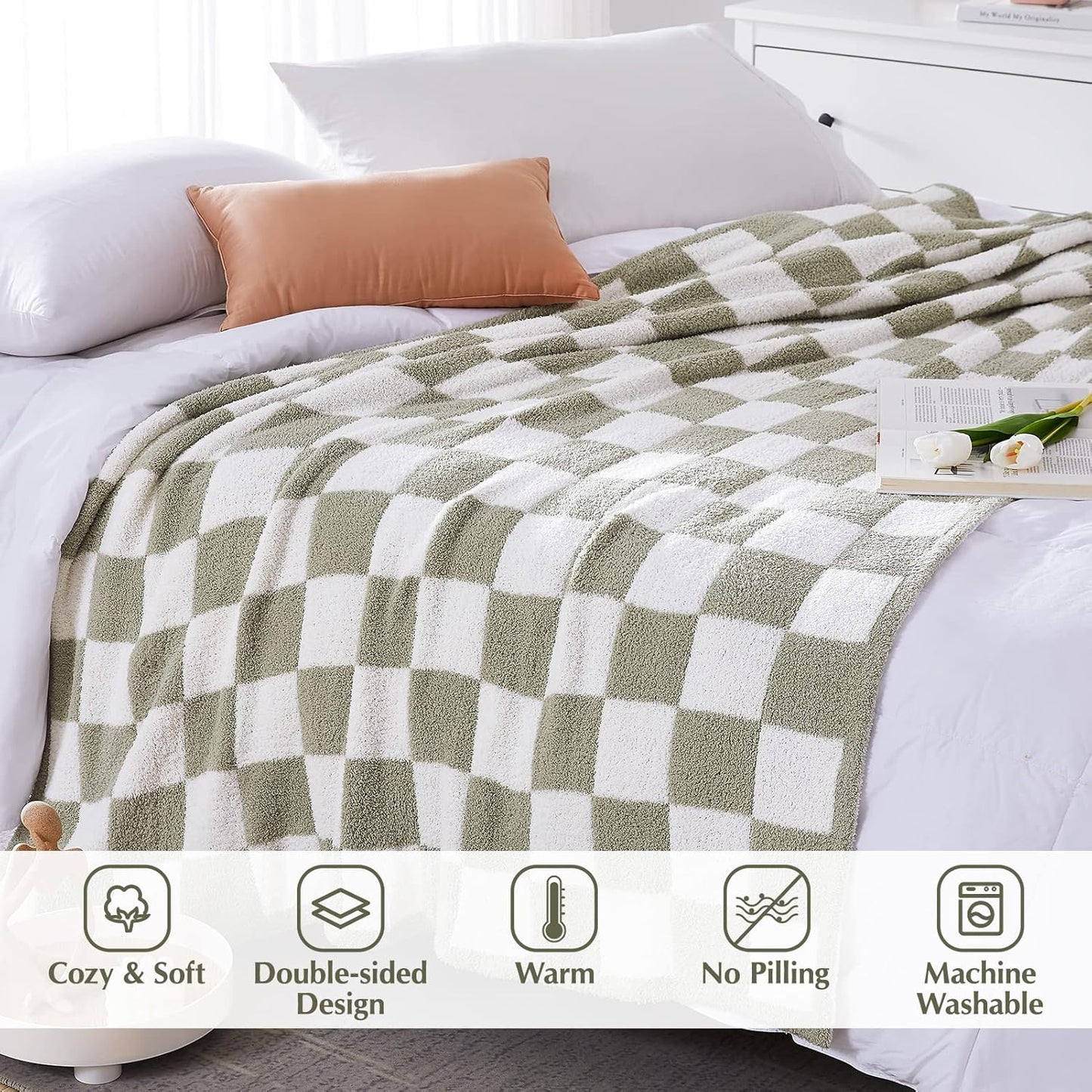 WRENSONGE Checkered Throw Blanket, Sage Green Soft Cozy Fluffy Warm Hand Made Throw Blankets for Couch, Sofa, Chair, Bed, Camping, Picnic, Travel Lightweight Bed Blanket - 90"*108"