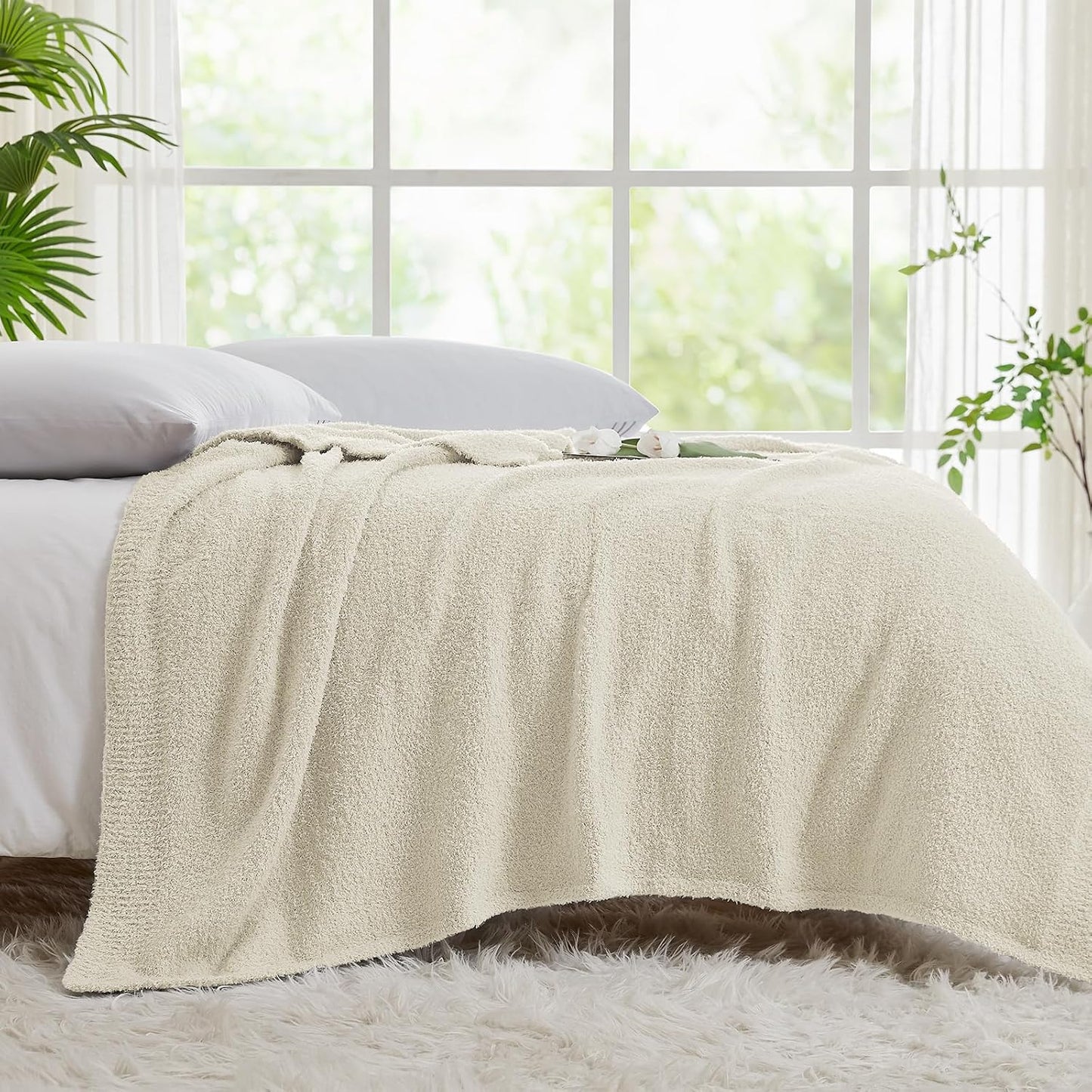CYMULA Super Soft Knit Throw Blanket Throw Size Beige - Lightweight Plush Fuzzy Fluffy Warm Cozy Blankets and Throws for Sofa Bed All Season Use, 50x60 inches