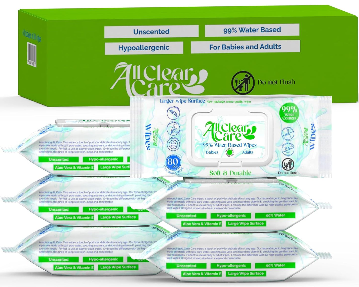 Baby Wipes, Unscented Wipes for Sensitive Skin, Large Soft Durable & 99% Water Based, Gentle & Hypoallergenic for Babies & Adults, Vitamin E and Aloe, Flip Top Lid, 6 Pack (480 Wipes)